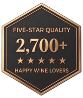 Hexagonal metallic bronze badge displaying 'Five-Star Quality 2,700+ Happy Wine Lovers' above five stars