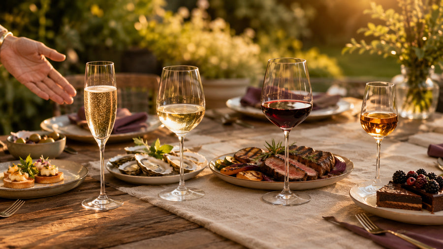 Four wine glasses paired with appetizers, oysters, steak, and chocolate cake on an outdoor table at sunset.