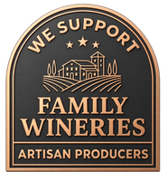 Metallic arched bronze badge reading 'We Support Family Wineries, Artisan Producers' with an illustration of a winery house, surrounding trees, rolling vineyards, and three stars