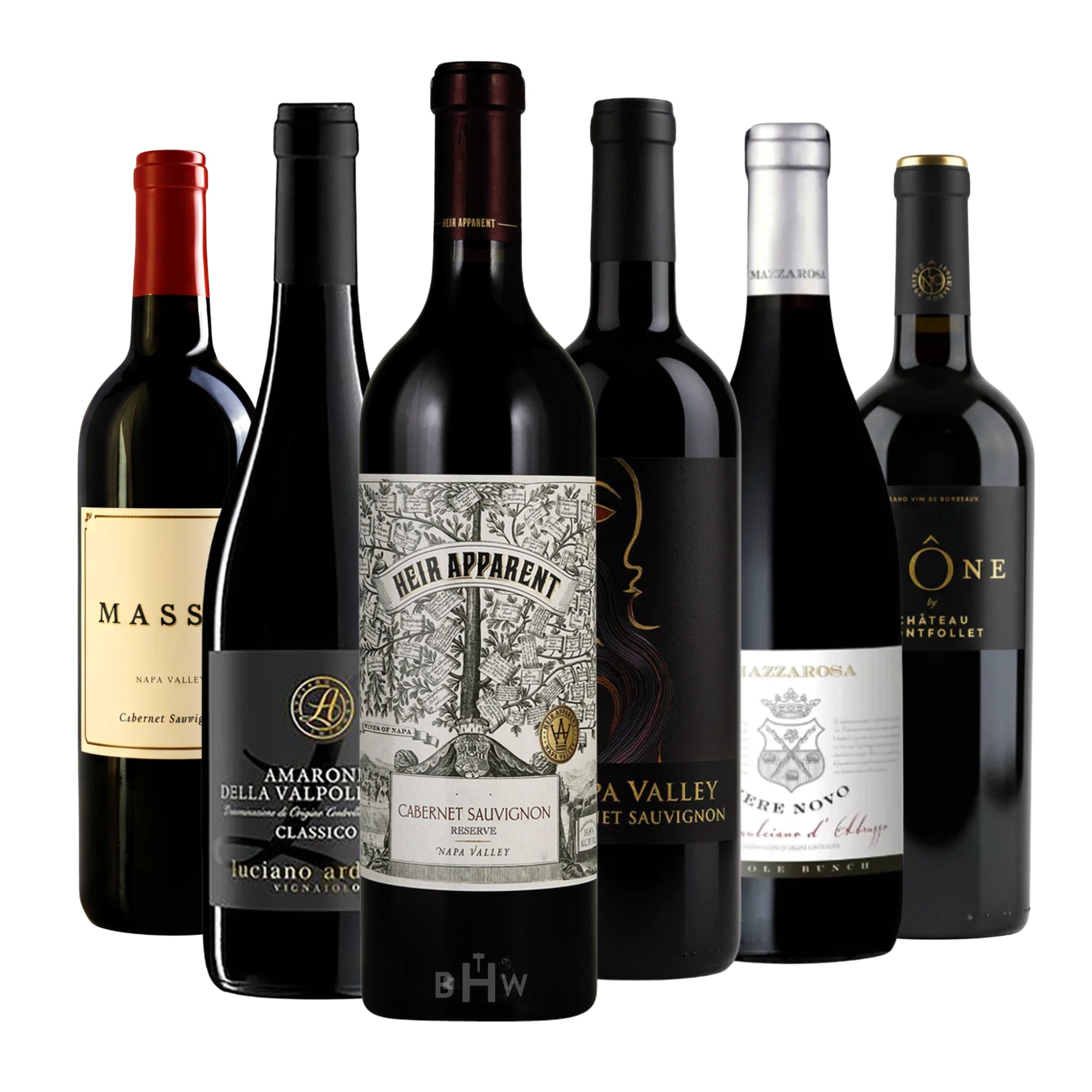 Big and bold red wine 6-pack including Napa Cabernet Sauvignon Reserve, Amarone della Valpolicella Classico, Mazzarosa Montepulciano, and Château Montfollet Bordeaux, 750ml bottles