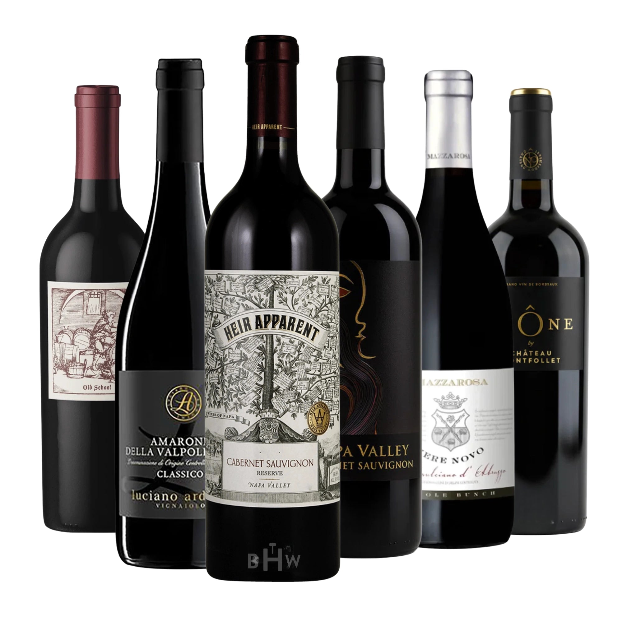 First Crush: Big & Bold Reds 6-Pack Sampler featuring 6 assorted 750ml bottles, including Cabernet Sauvignon, Amarone della Valpolicella, and other full-bodied red wines from Napa Valley, Italy, and Bordeaux.