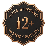 "Scalloped-edge metallic bronze badge featuring a wine bottle graphic next to '12+' surrounded by the text 'Free Shipping, In-Stock Bottles