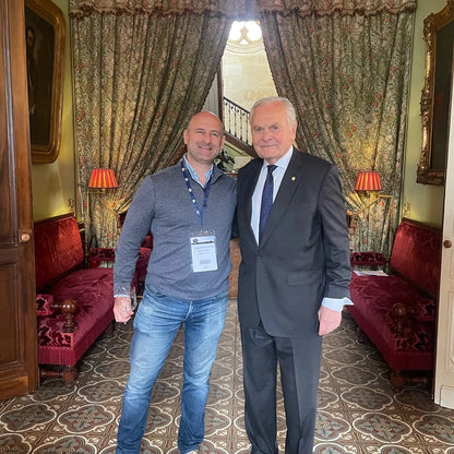 Greg Martellotto, Founder of Big Hammer Wines, with Bernard Magrez, renowned wine producer and owner of Château Pape Clément, in the château’s grand sitting room