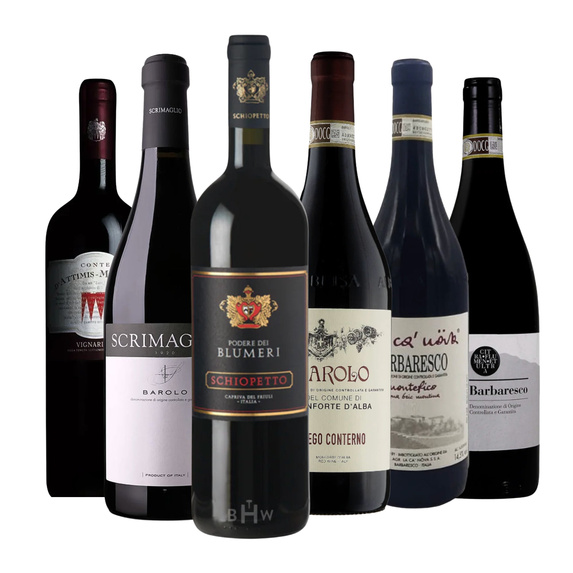 A collection of six exceptional Italian red wine bottles, showcasing premium regional selections like Barolo and Barbaresco, for the Italian Ambassador Red Wine Club. Curated by Big Hammer Wines.