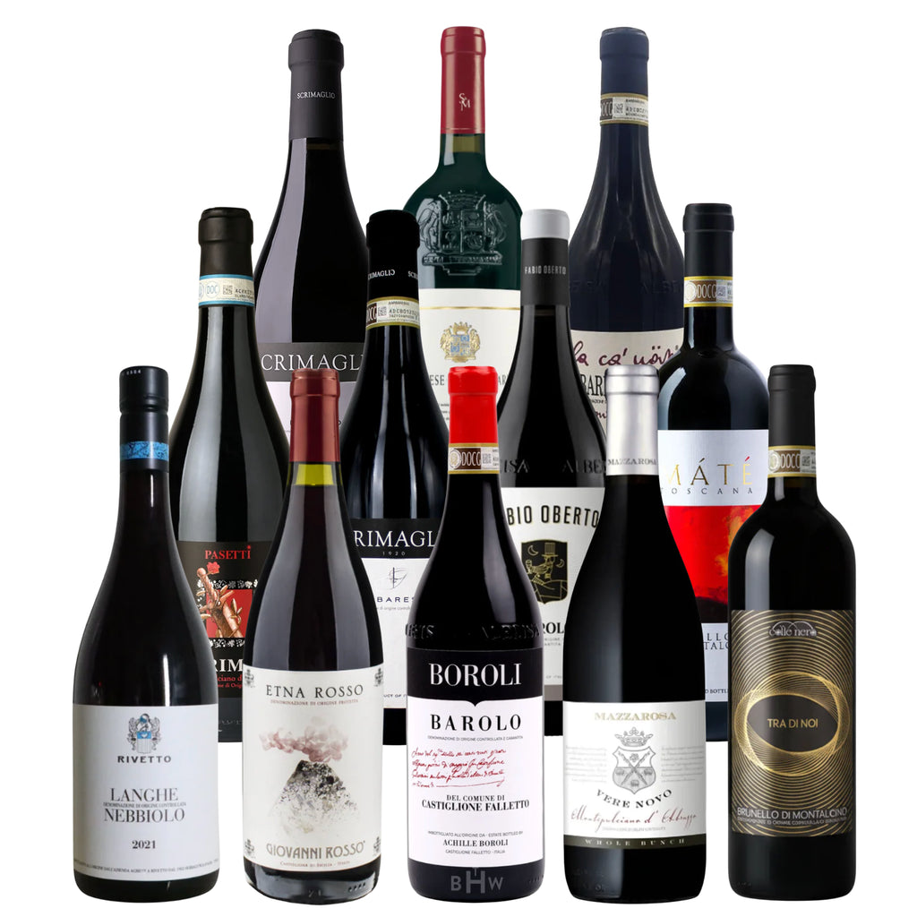 A curated showcase of 12 premium Italian red wines featured in Italian Ambassador's Top 12 Italian Red Wines to Buy Today at BHW, including bottles of Barolo, Brunello di Montalcino, and Etna Rosso. Curated by Big Hammer Wines.