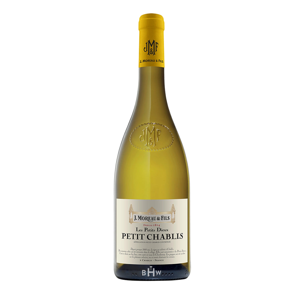Bottle of Petit Chablis wine with a yellow label on a white background