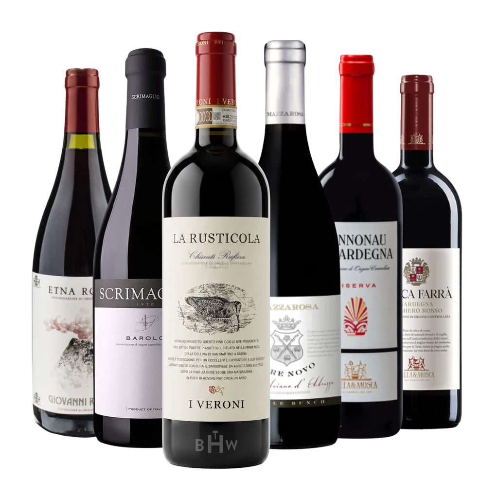 A six-pack collection of Italian red wines, including I Veroni La Rusticola Chianti Rùfina, Scrimaglio Barolo, and Etna Rosso, curated by Big Hammer Wines.