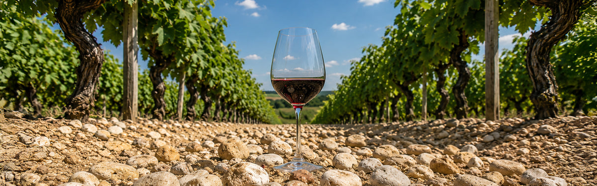 A glass of red wine centered in a gravelly vineyard row under a bright blue sky.