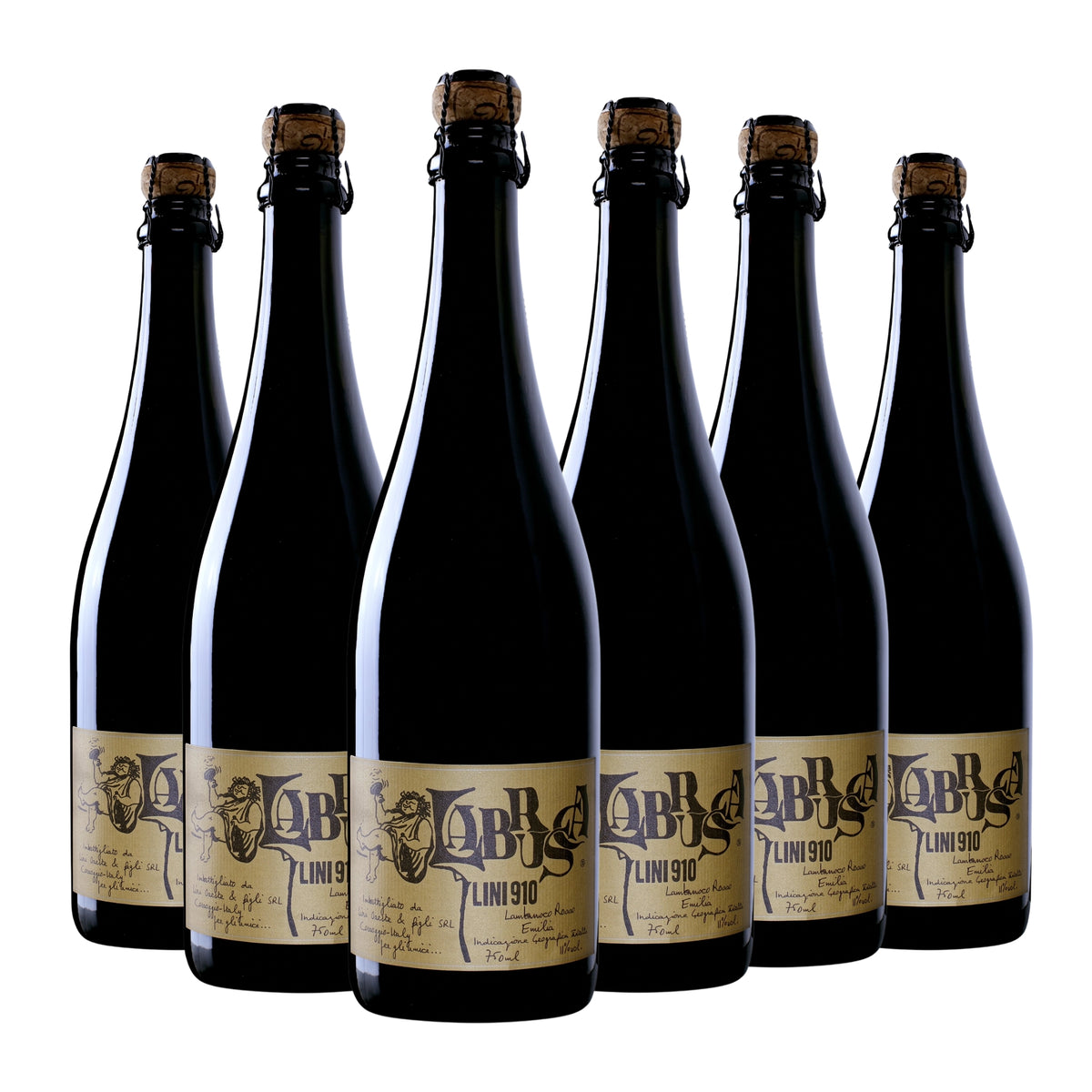 Six bottles of Lini 910 'Labrusca' Lambrusco Rosso Emilia sparkling red wine. Curated by Big Hammer Wines.