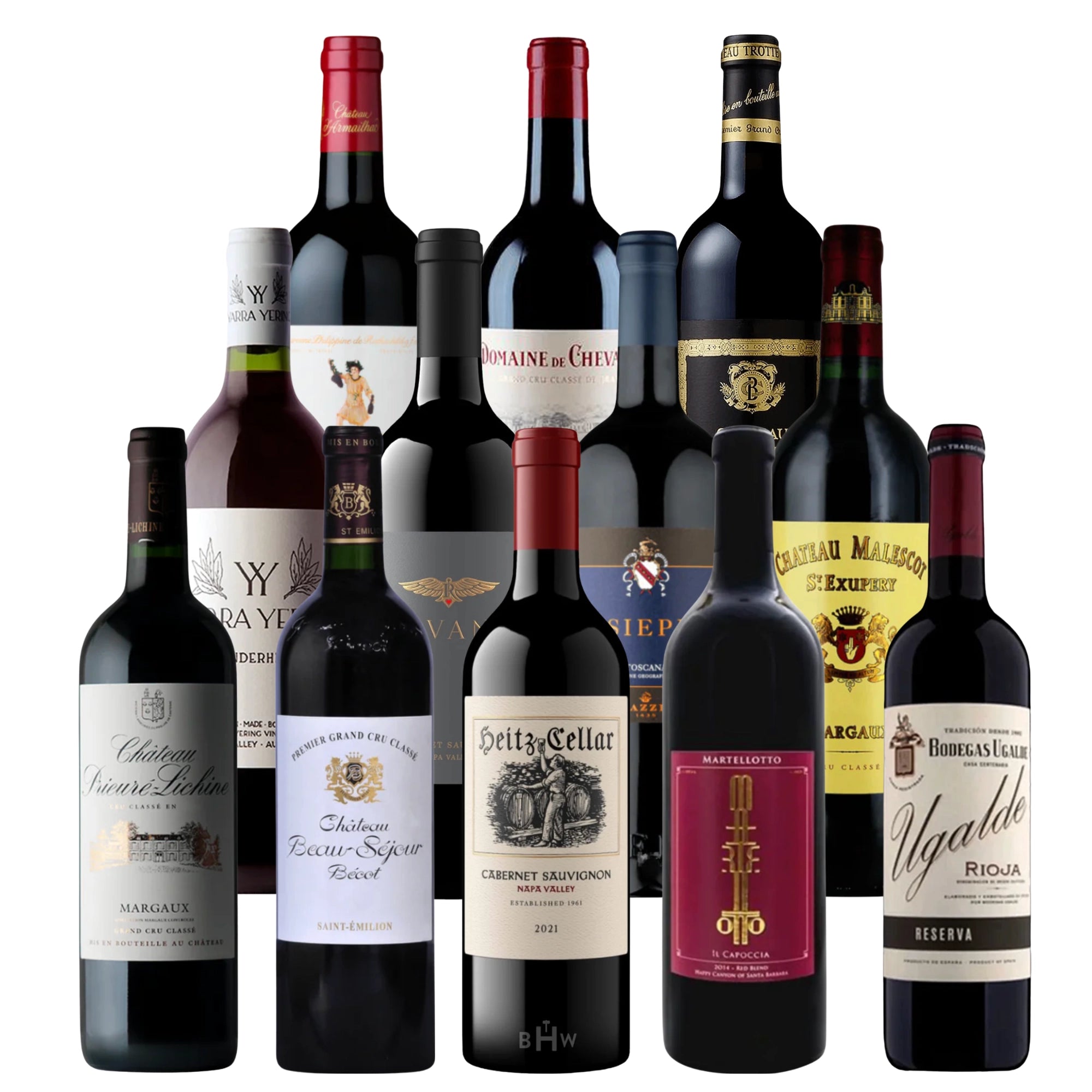 Luxury Wine Cellar 12-Bottle Collection 12x750ml featuring premium Bordeaux, Napa Valley Cabernet Sauvignon, Rioja and Tuscany collectible wines