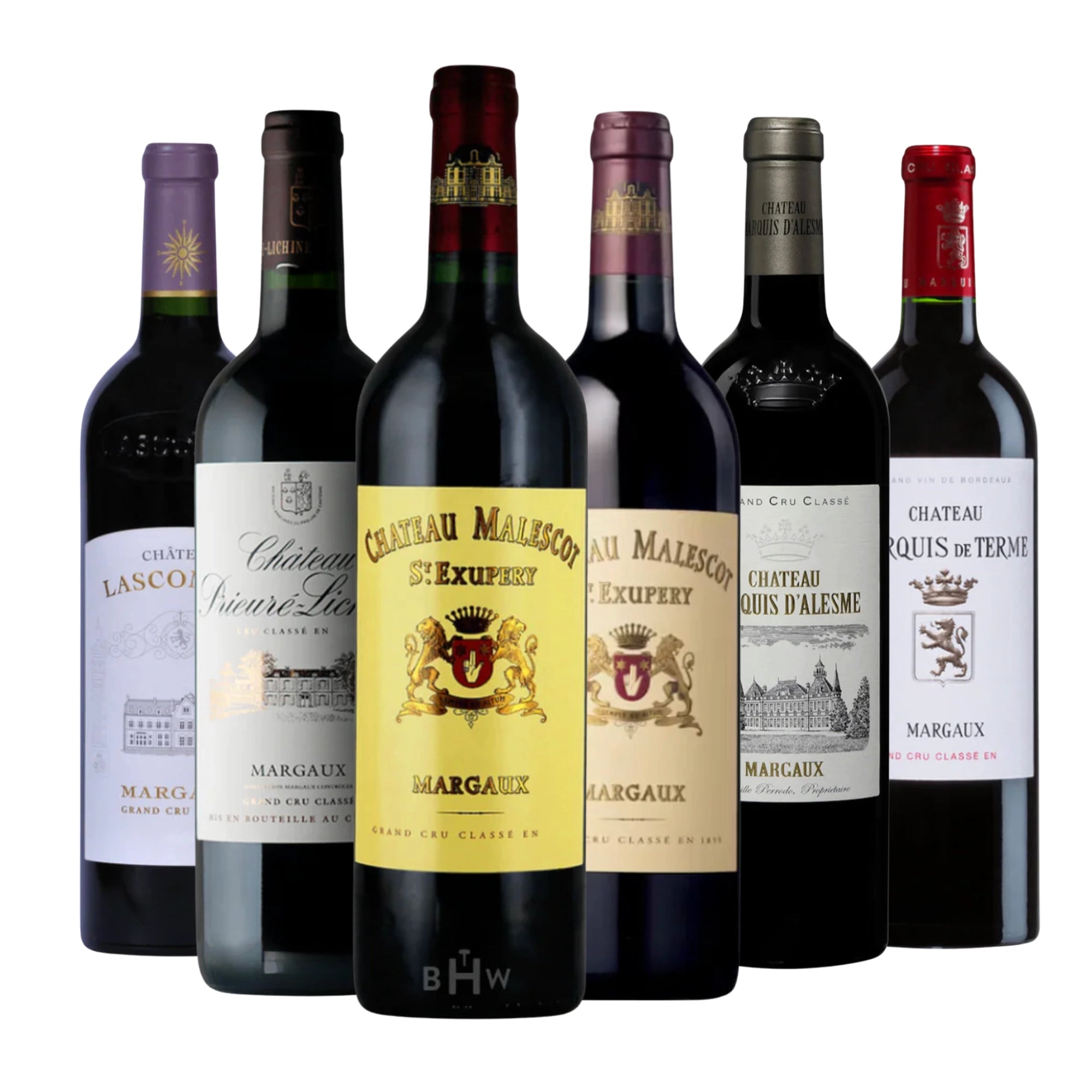 Margaux Magic 6-Pack Sampler showcasing Grand Cru Classé wines from the Margaux appellation, including Château Lascombes, Prieuré-Lichine, Malescot St-Exupéry, Marquis d’Alesme, and Marquis de Terme