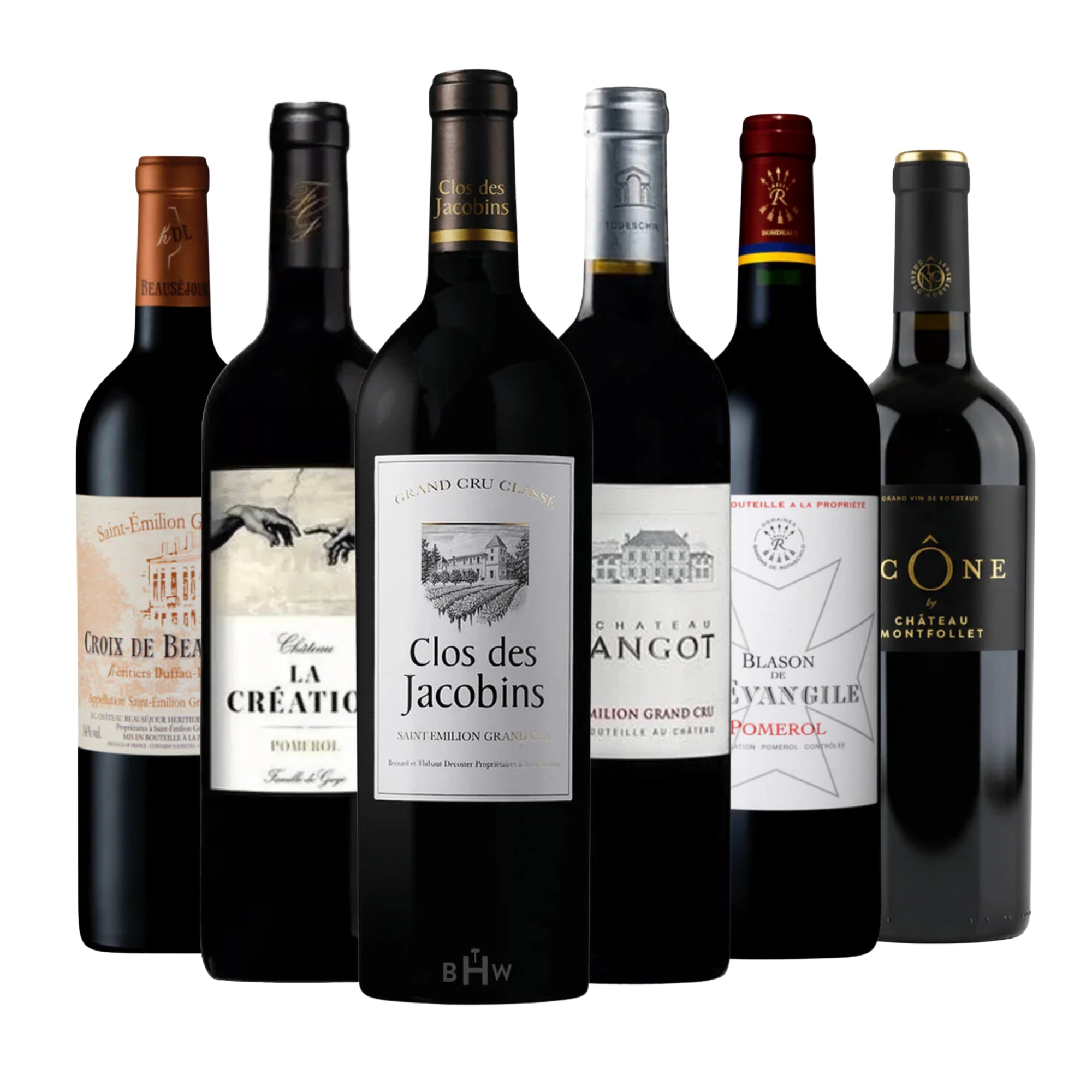 Six-bottle Right Bank Bordeaux red wine sampler displayed on a white background, featuring Clos des Jacobins, Château Mangot, Blason de L’Evangile, Château Montfollet Icône, Croix de Beauséjour, and La Création.