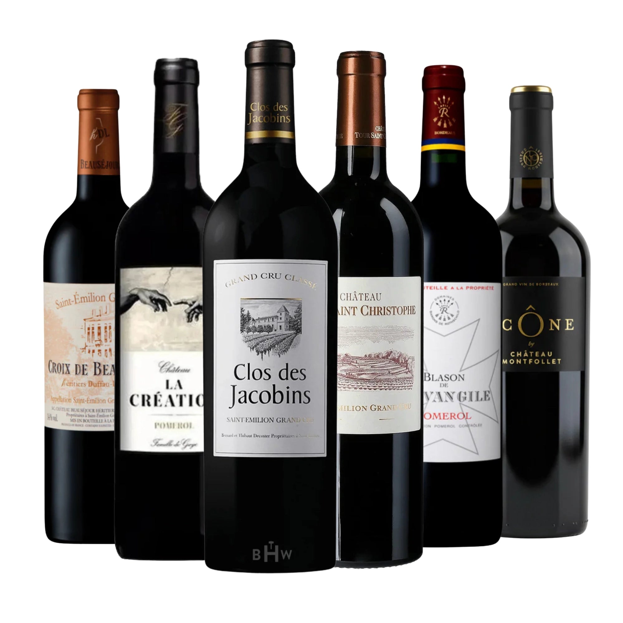 Merlot Cab Franc Bliss 6-Pack featuring Right Bank Bordeaux wines from Saint-Émilion and Pomerol, including Clos des Jacobins, Château Saint Christophe, and Blason de l’Évangile, 6x750ml