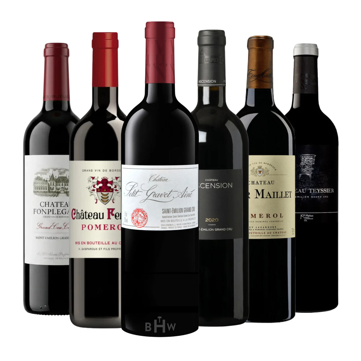 A collection of six exceptional red wine bottles from the Right Bank of Bordeaux, France, highlighting Merlot and Cabernet Franc dominant blends from prestigious appellations like Saint-Émilion Grand Cru and Pomerol. Curated by Big Hammer Wines.