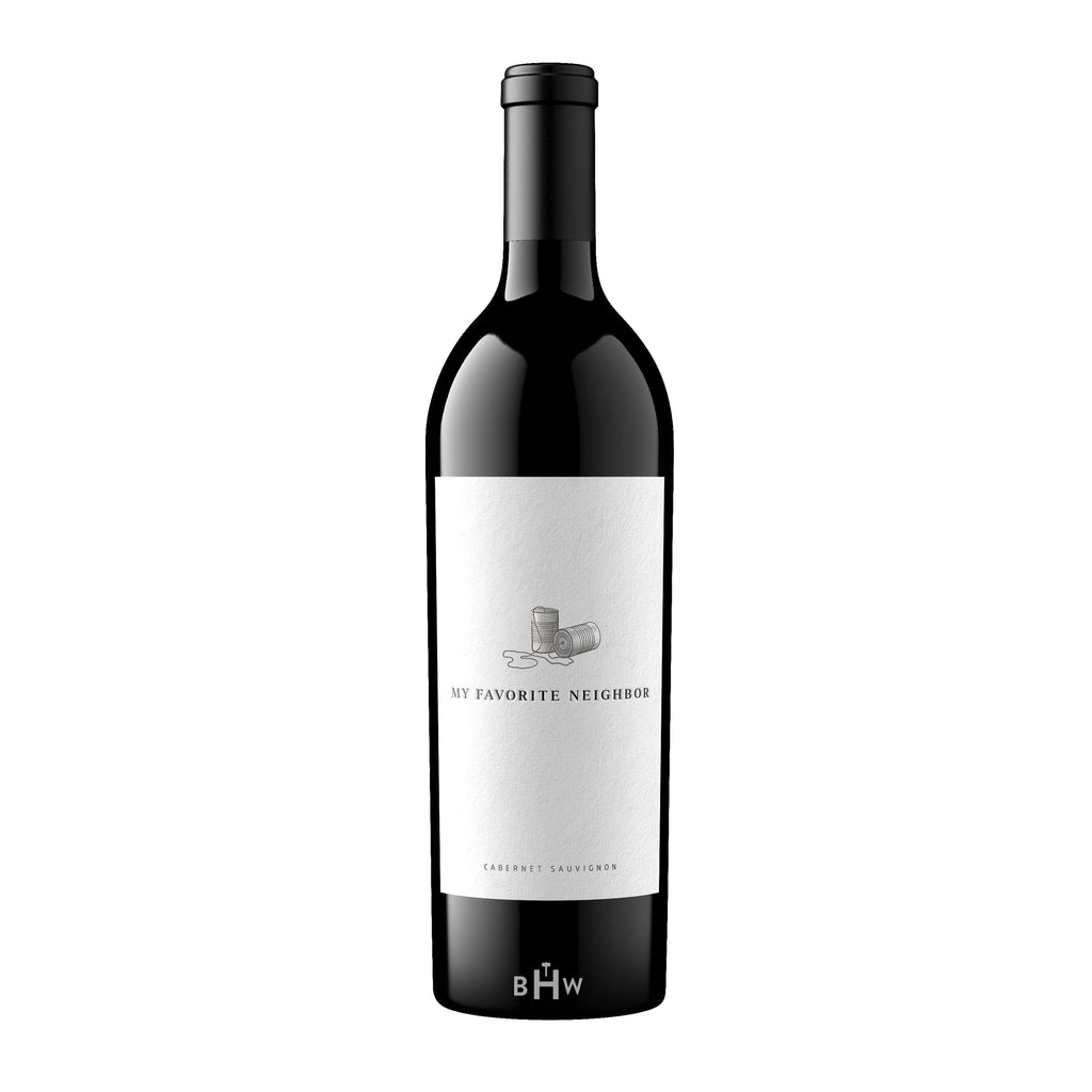 2022 My Favorite Neighbor red wine bottle with a white label on a white background.