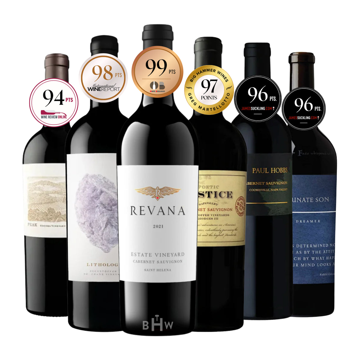 An ultra-luxe collection of six premium Napa Valley Cabernet Sauvignon bottles, featuring prominent high-scoring wine critic rating badges ranging from 94 to 99 points, curated by Big Hammer Wines.