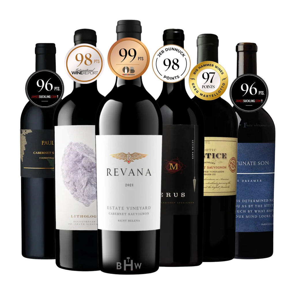 An ultra-luxe collection of six premium Napa Valley Cabernet Sauvignon bottles, featuring prominent high-scoring wine critic rating badges ranging from 96 to 99 points, curated by Big Hammer Wines.