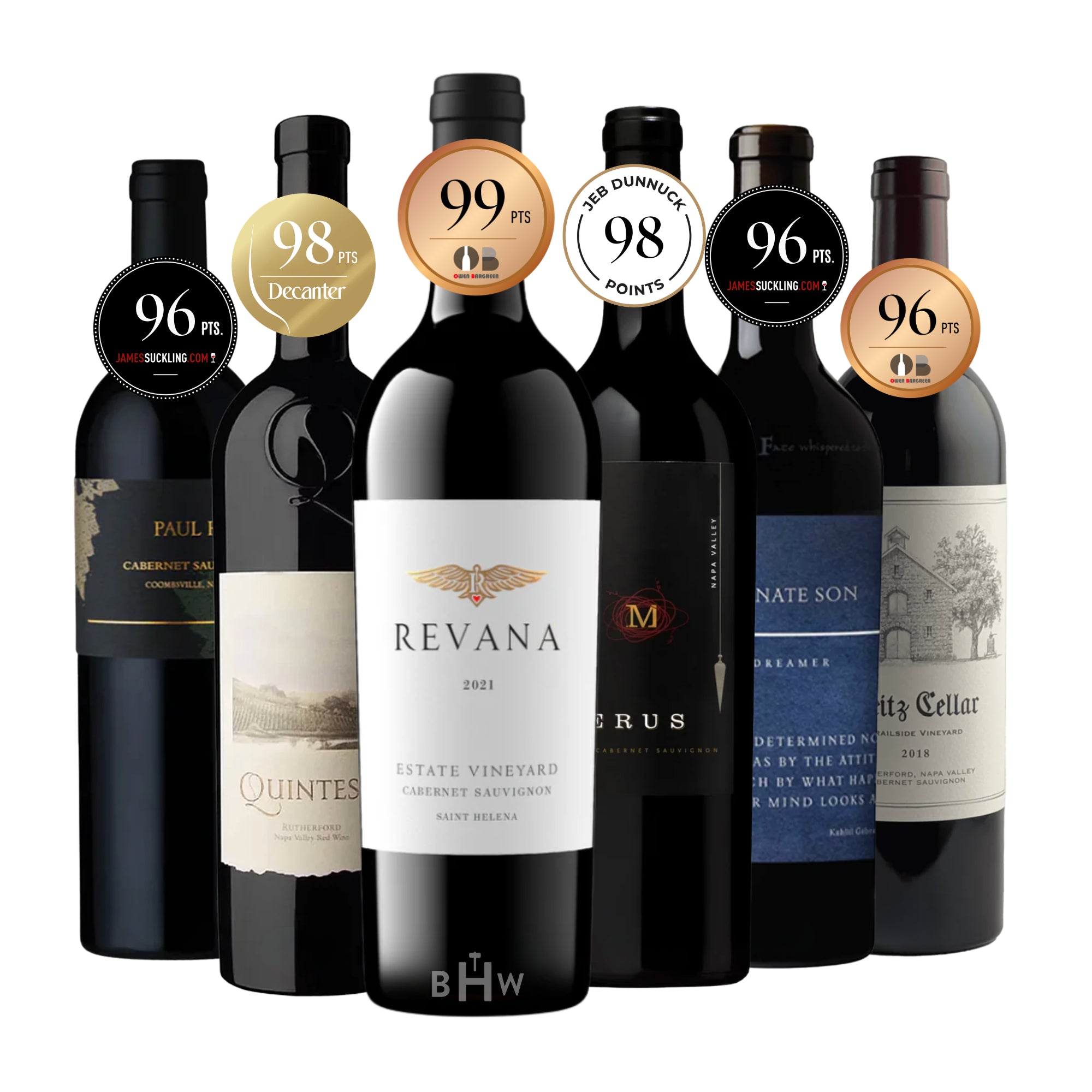 A collection of six ultra-premium Napa Valley Cabernet Sauvignon bottles adorned with high-score wine critic medals (96 to 99 points) from Owen Bargreen, Decanter, Jeb Dunnuck, and James Suckling, for the Napa Private Reserve collection. Curated by Big Hammer Wines.