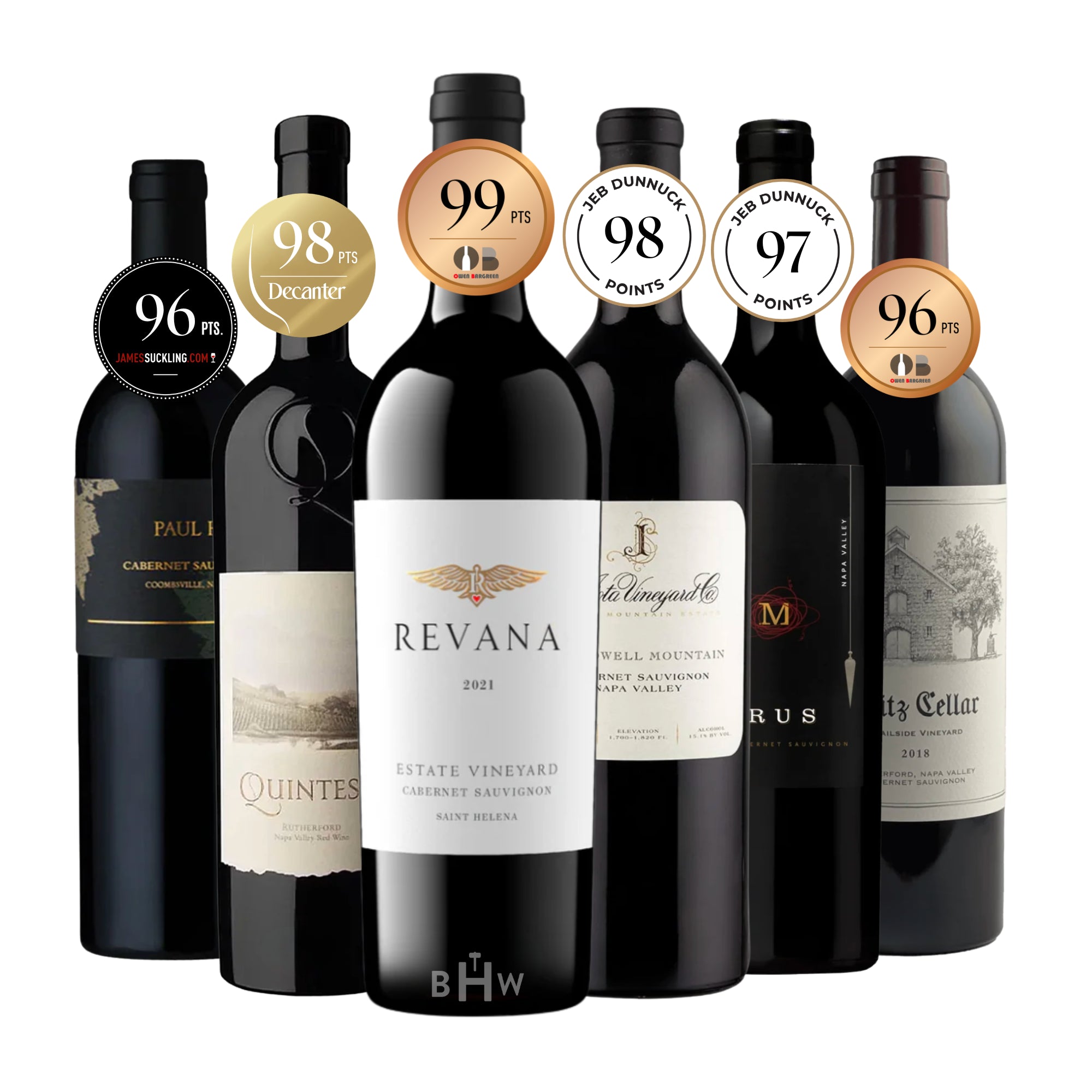 An elite collection of six ultra-premium Napa Valley Cabernet Sauvignon bottles featuring high-score medallions. The set includes top-rated labels like Revana Estate (99 pts), Quintessa, La Jota, Marus, Heitz Cellar, and Paul Hobbs. This sampler showcases luxury wines from Napa's most prestigious sub-appellations. Curated by Big Hammer Wines.