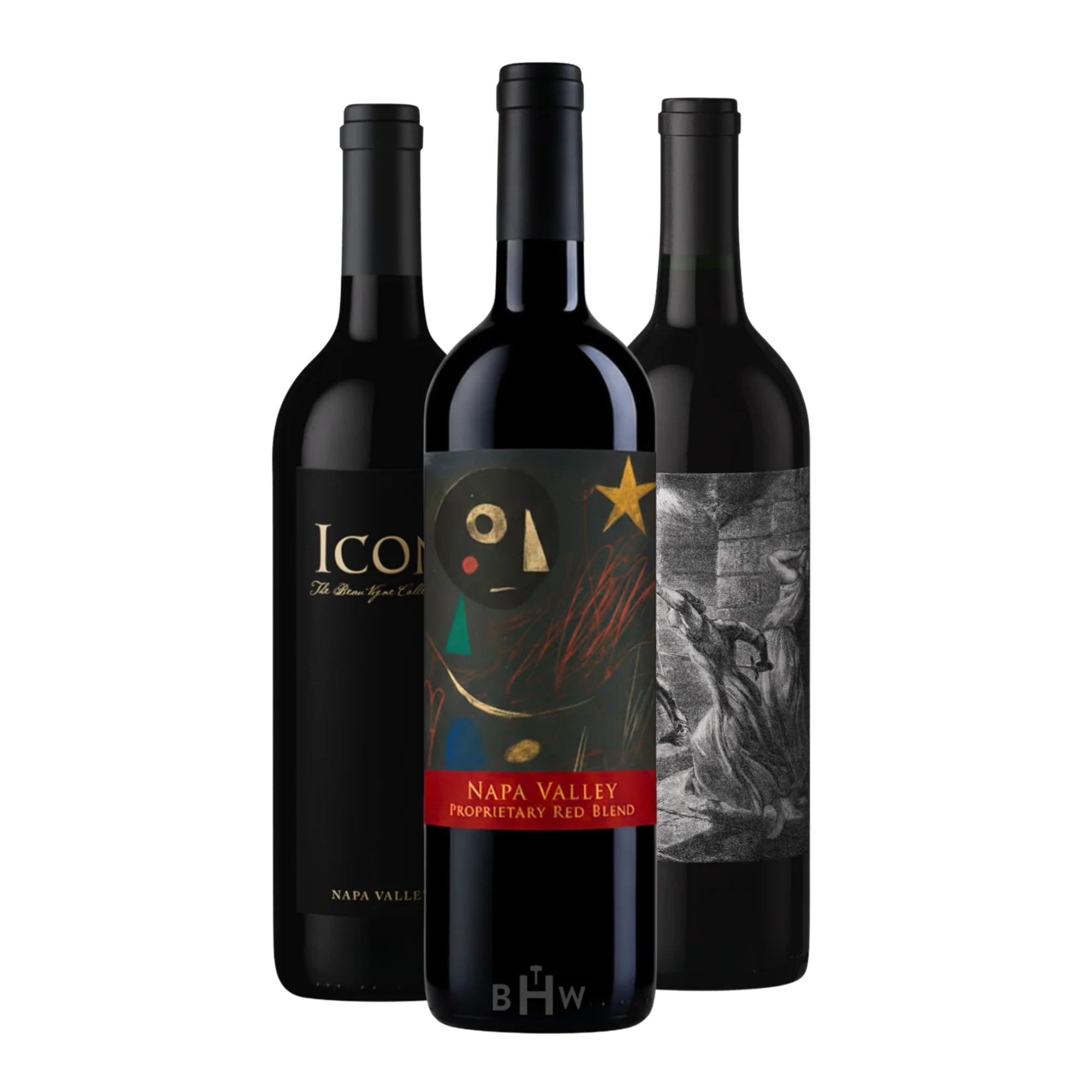 A three-bottle sampler pack of Napa Valley Proprietary Red Blend wines featuring unique, artistic labels. Curated by Big Hammer Wines.