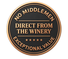 Circular metallic bronze badge reading 'No Middlemen - Direct From The Winery - Exceptional Value' featuring five stars beneath the text