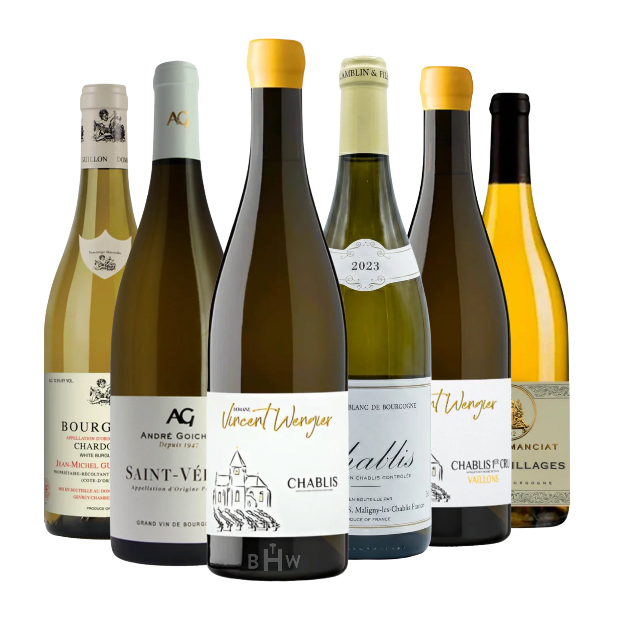 A 6-bottle sampler of premium White Burgundy (Chardonnay) from France, featuring various prestigious appellations. The collection includes Vincent Wengier Chablis and Chablis 1er Cru Vaillons, André Goichot Saint-Véran, Jean-Michel Guillon & Fils Bourgogne Chardonnay, Lamblin & Fils Chablis, and a bottle from Domaine Manciat-Poncet. The bottles showcase a mix of traditional and modern labels with yellow and white capsules. Curated by Big Hammer Wines.