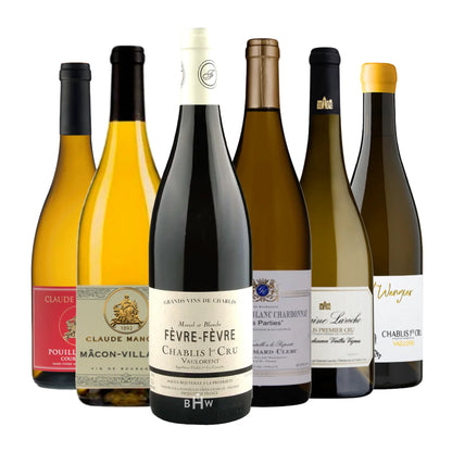 Collection of various white wine bottles with labels on a white background