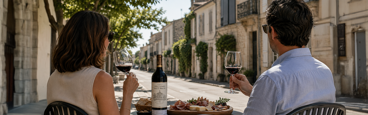 A couple enjoying wine and charcuterie at a outdoor cafe table along a charming French street in Pessac-Léognan.