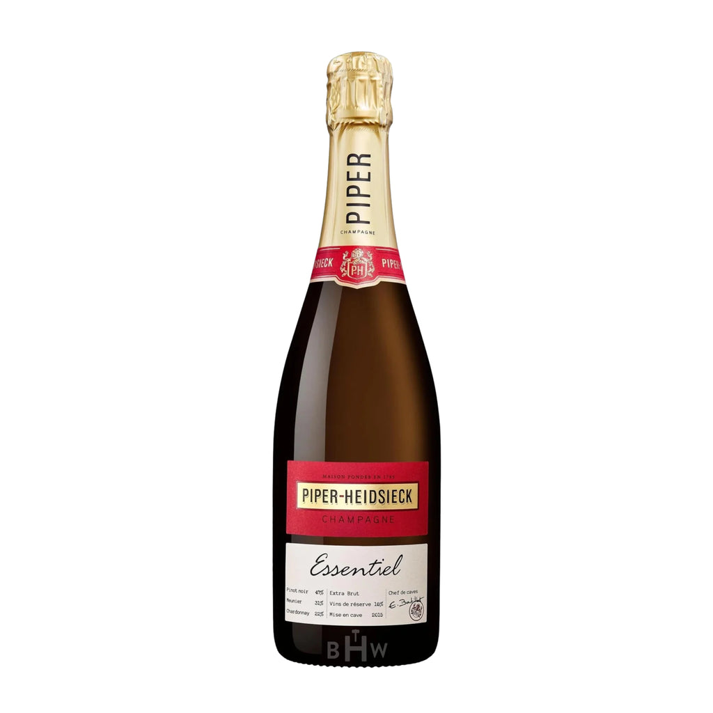 A bottle of Piper-Heidsieck Essentiel Cuvee Extra Brut Champagne featuring a gold foil-wrapped top and a red and white label. The label displays the brand name in gold and the word "Essentiel"