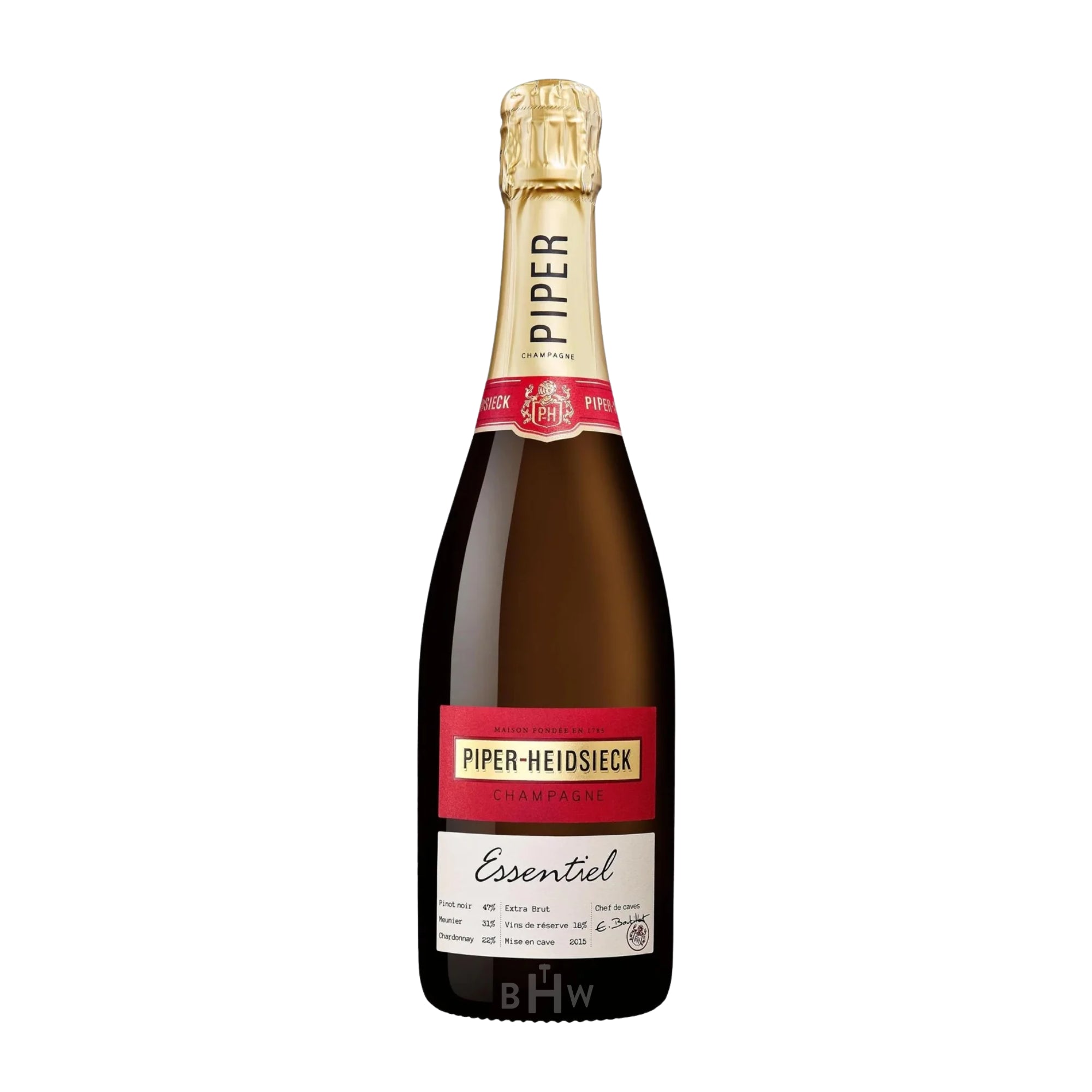 A bottle of Piper-Heidsieck Essentiel Cuvee Extra Brut Champagne featuring a gold foil-wrapped top and a red and white label. The label displays the brand name in gold and the word "Essentiel"