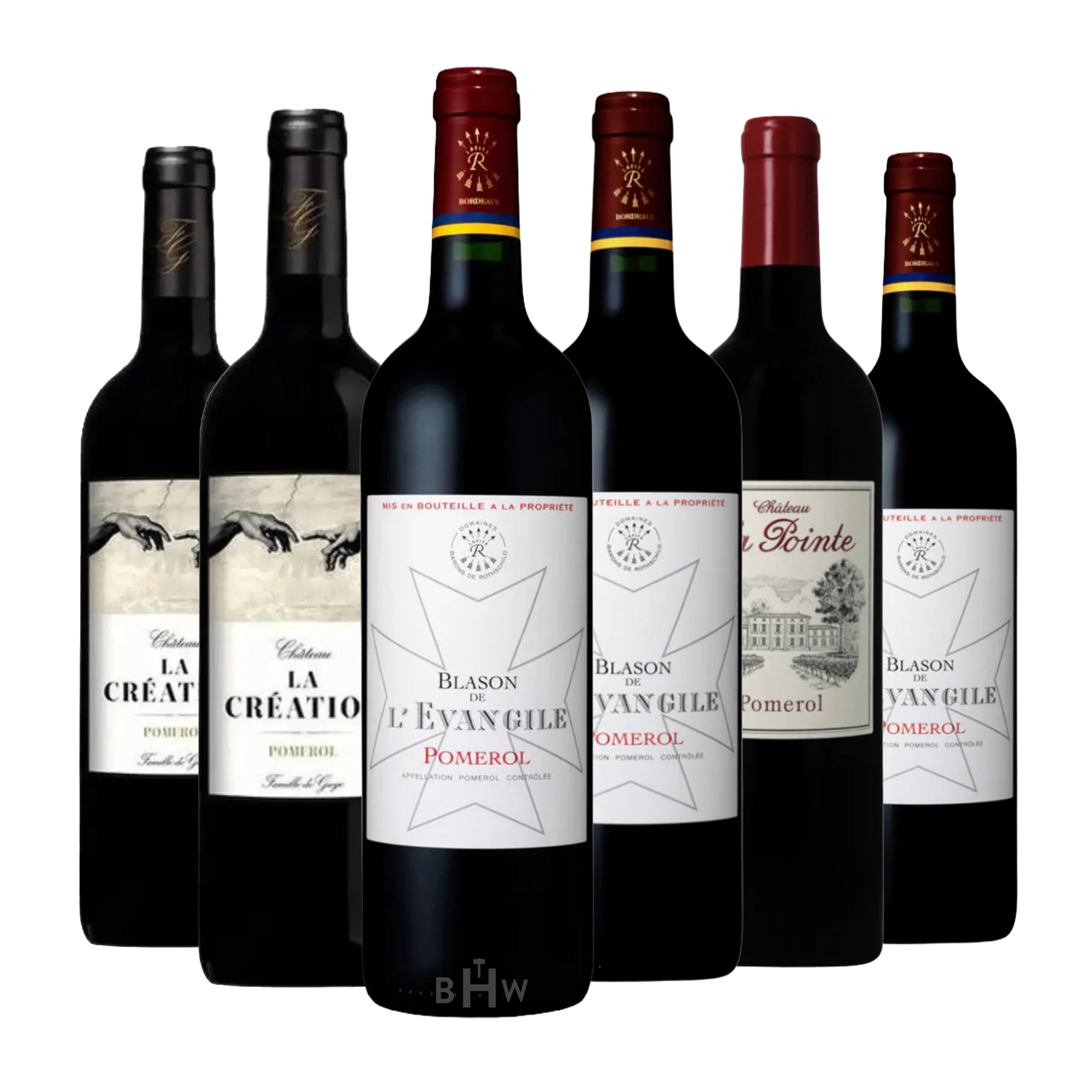 Pomerol Legends 6-Bottle Wine Collection with Château L’Évangile Blason de L’Évangile, Château La Pointe Pomerol, and Château La Création, six 750ml bottles.
