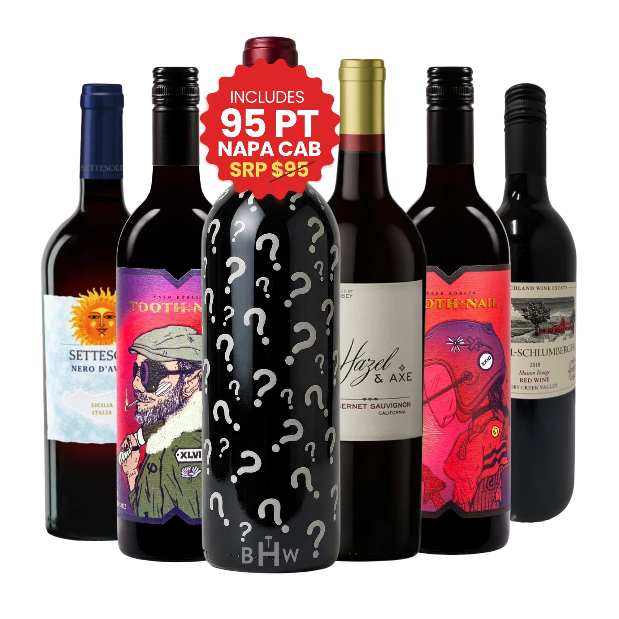 An assortment of six different red wine bottles from the Red Wine Lovers Case, including a mystery bottle with a red sticker highlighting an included 95-point Napa Cabernet, curated by big hammer wines.