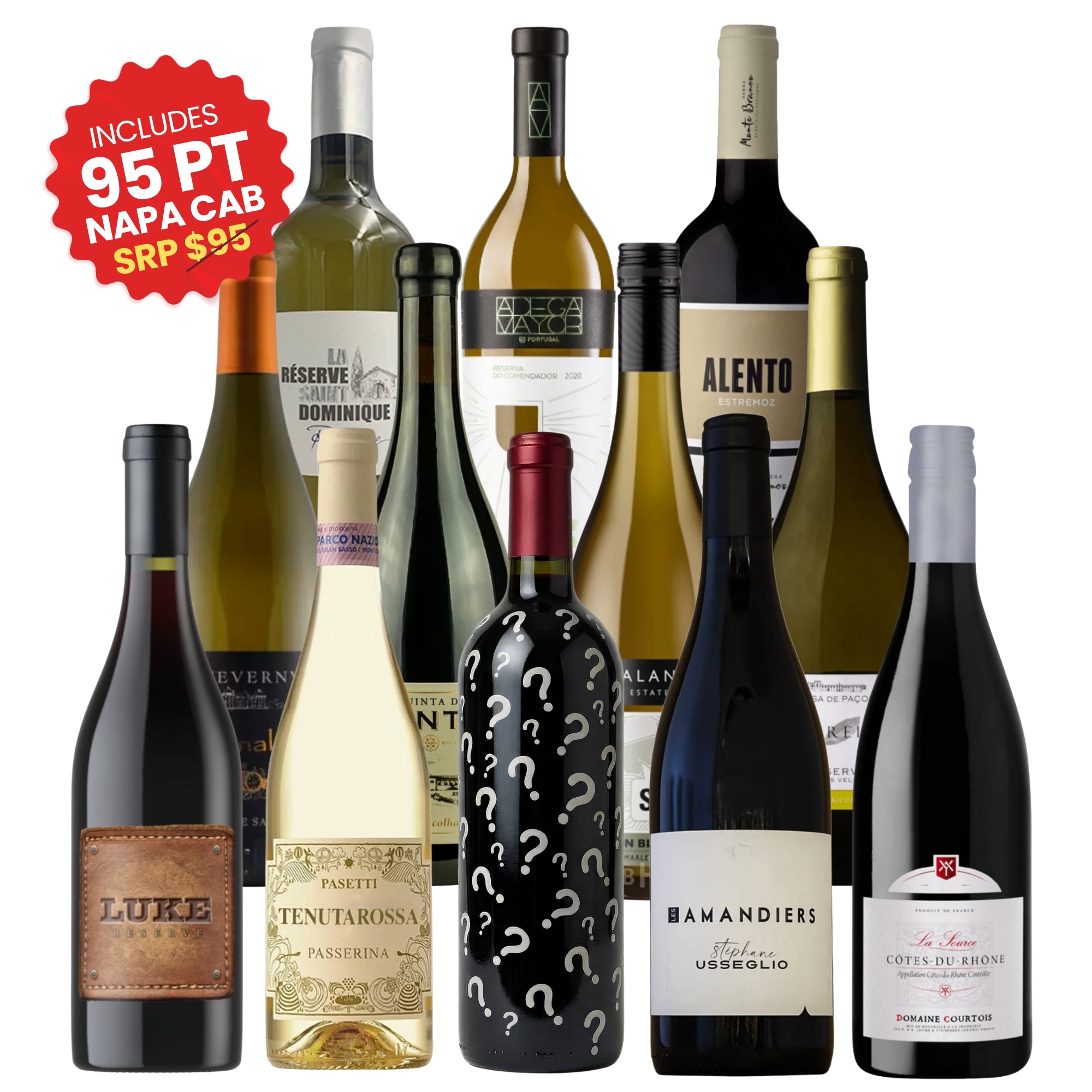 A 12-bottle Red & White Mixed Case featuring a mystery bottle with a red seal highlighting an included 95-point Napa Cabernet Sauvignon ($95 SRP). The selection includes a variety of red and white wines such as Tenutarossa Passerina, Luke Reserve, and Alento, curated by Big Hammer Wines.