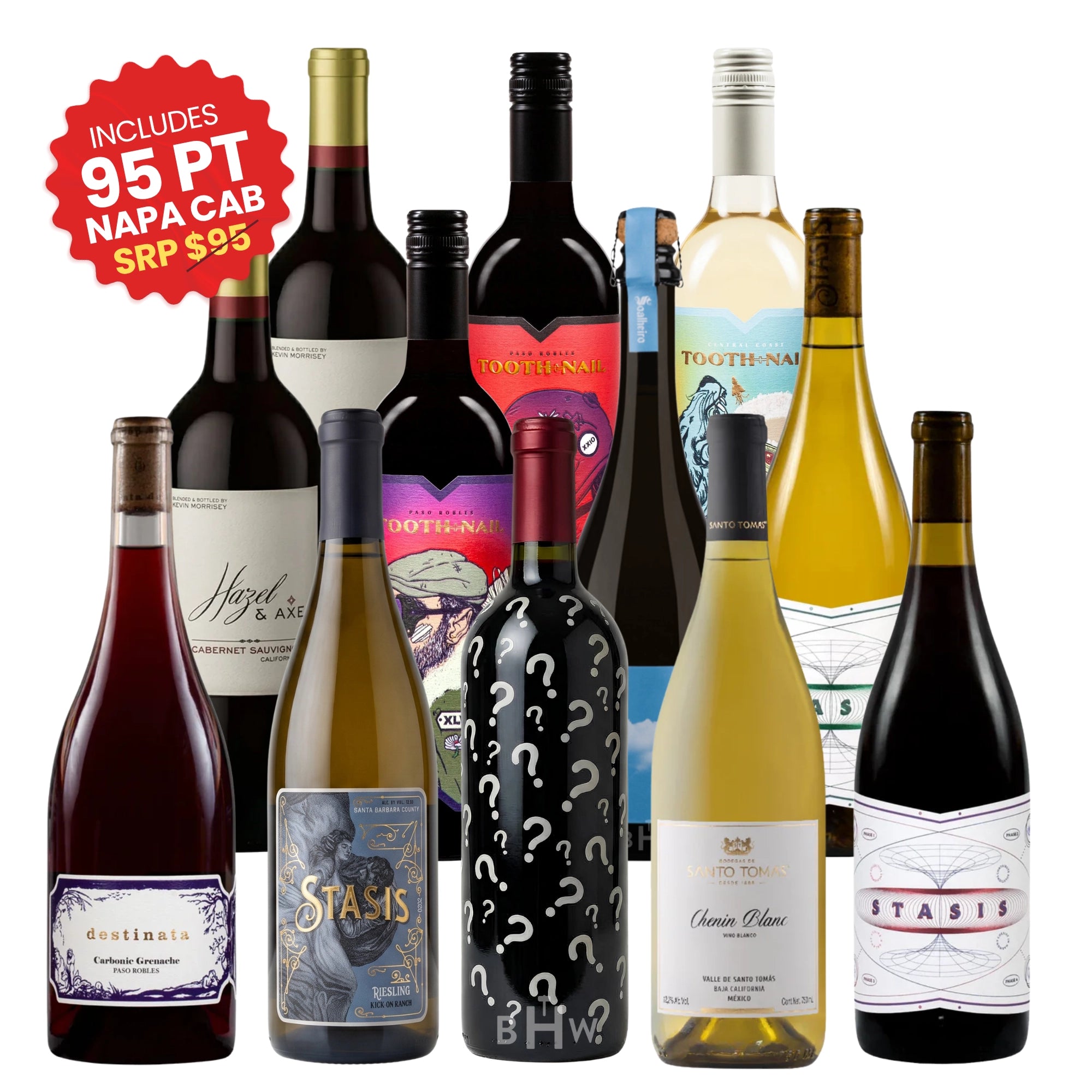 An assortment of 12 mixed red and white wine bottles from the Red & White Mixed Case, featuring a prominent mystery bottle with a red sticker badge highlighting an included 95-point Napa Cabernet, curated by big hammer wines.