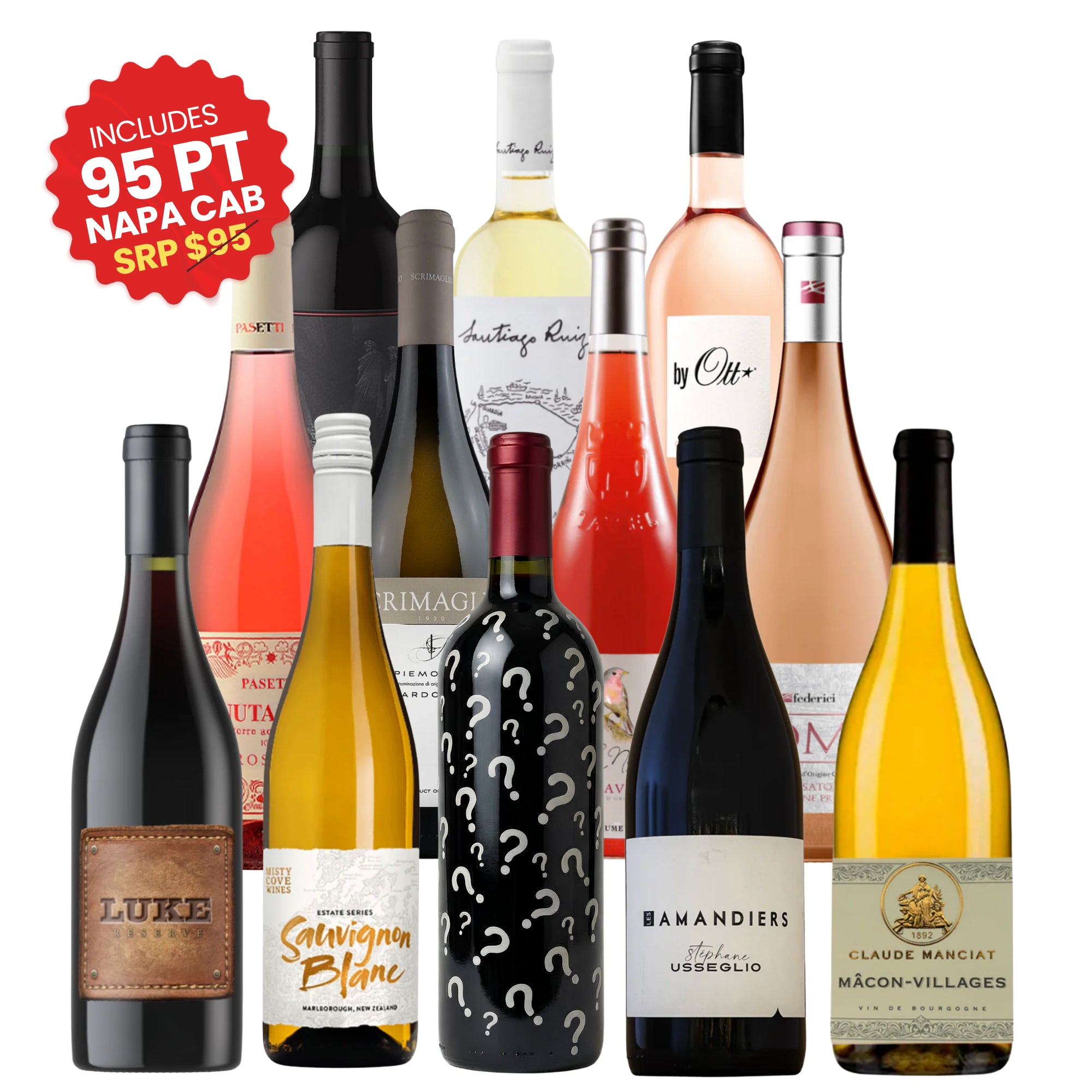 A 12-bottle Red, White, and Rosé Mixed Case featuring a mystery bottle with a red seal highlighting an included 95-point Napa Cabernet Sauvignon ($95 SRP). The assortment includes Luke Reserve, Misty Cove Sauvignon Blanc, by.Ott Rosé, and Mâcon-Villages, curated by Big Hammer Wines.