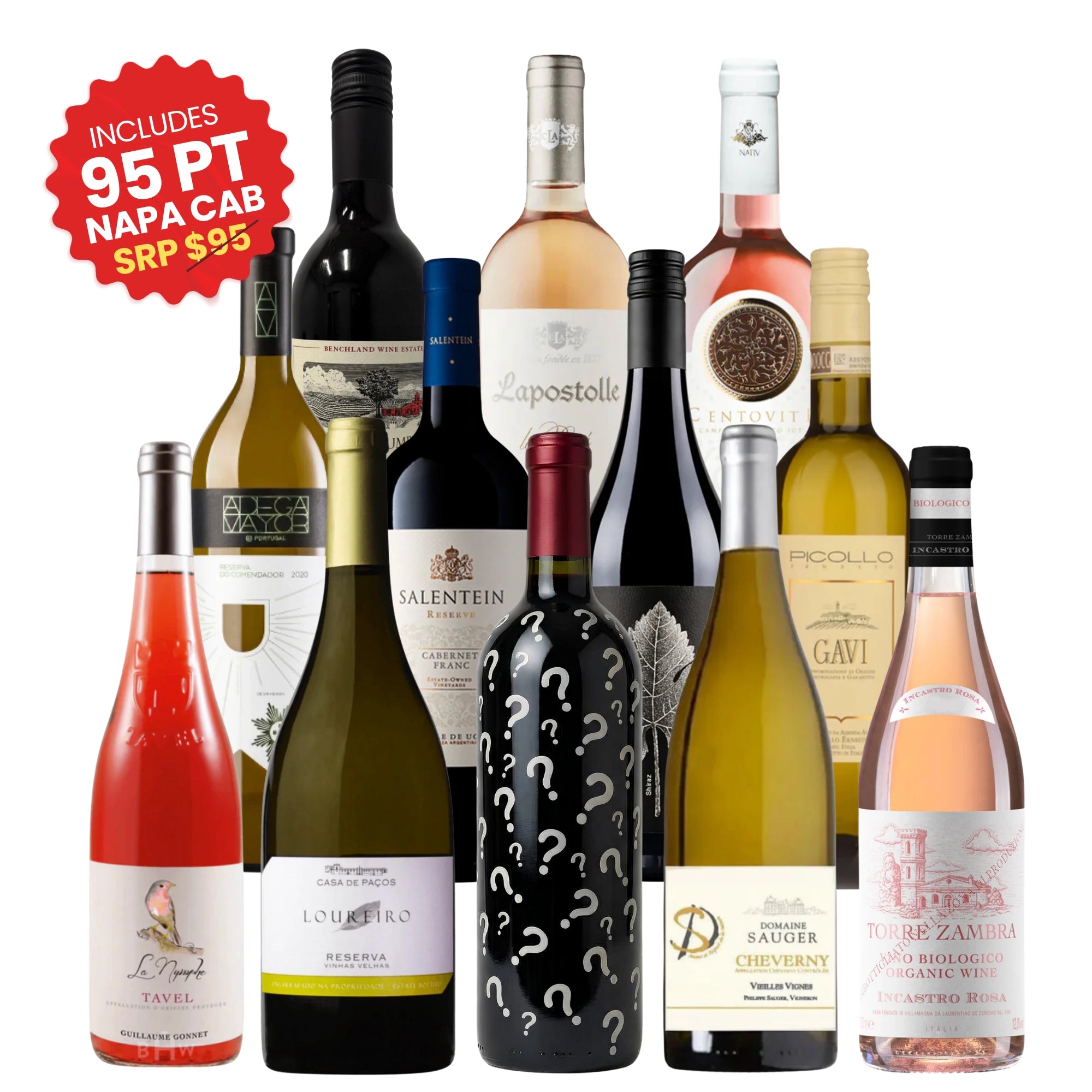 Twelve-bottle mixed wine case including Napa Valley Cabernet Sauvignon, Argentine Cabernet Franc, Loire Valley Cheverny, Gavi, Marlborough Sauvignon Blanc, Tavel rosé, and Italian rosato