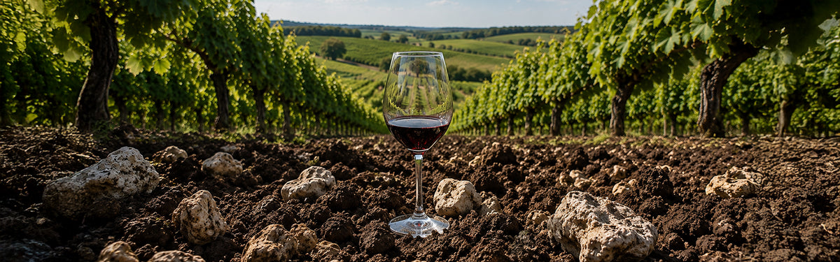 A glass of red wine sitting in rich clay and limestone soil between vineyard rows in the Right Bank region.