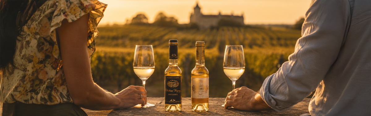 A couple enjoying two bottles of Sauternes dessert wine and glasses of wine on a terrace with a château in the background at sunset.