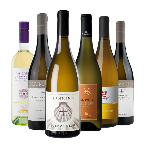 A collection of six exceptional Italian white wine bottles, featuring regional varieties such as Vermentino, Timorasso, Verdicchio, and Chardonnay. Curated by Big Hammer Wines.
