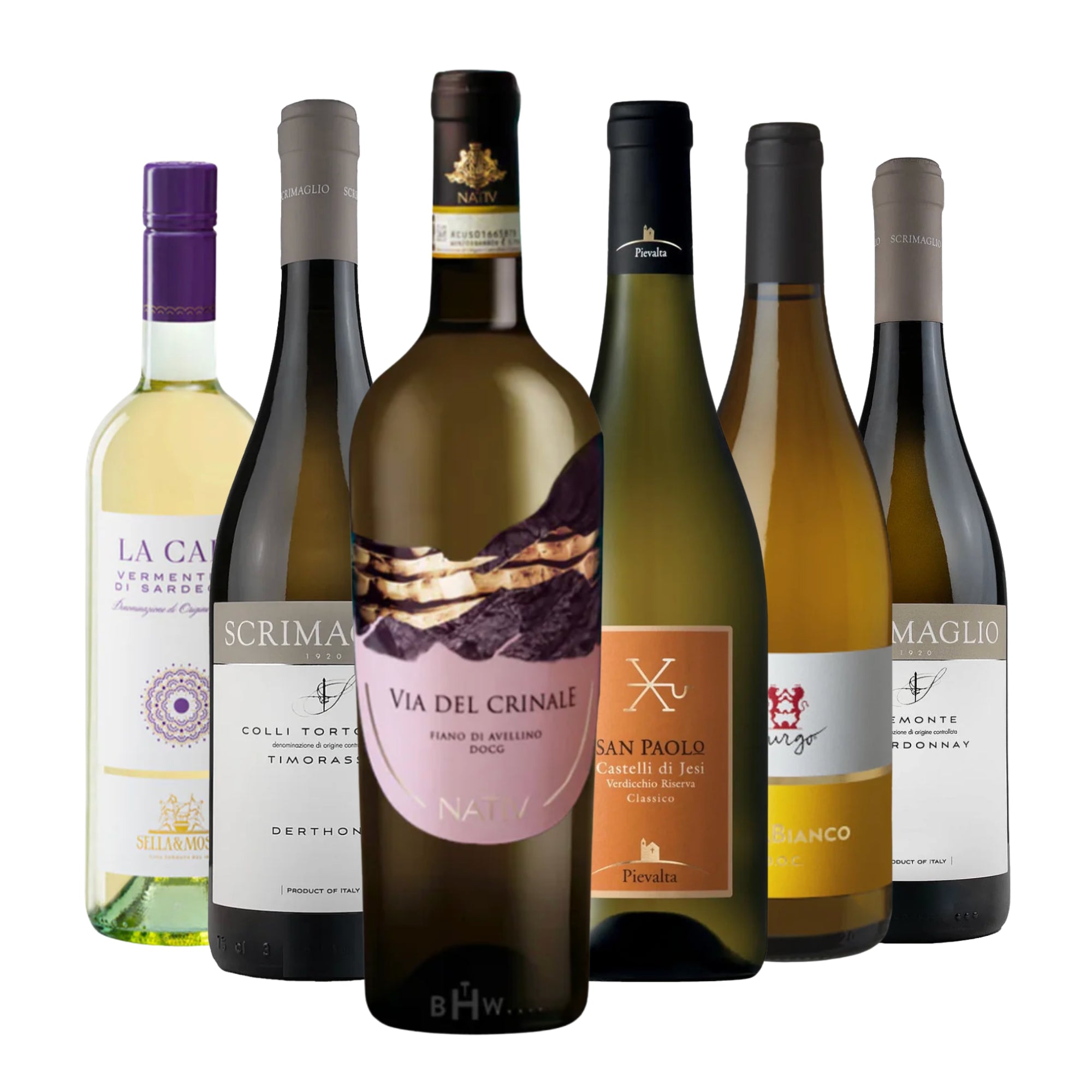 Product shot of the Sip Like You're in Italy – Our Best White Wines in One Perfect 6pk Sampler, featuring a curated selection of six 750ml bottles of premium Italian white wine. The tiered arrangement includes Sella & Mosca La Cala Vermentino di Sardegna, Scrimaglio Timorasso Derthona, Nativ Via del Crinale Fiano di Avellino with its distinctive pink label, Pievalta San Paolo Verdicchio dei Castelli di Jesi, Lungarotti Bianco di Torgiano, and Scrimaglio Piemonte Chardonnay, all curated by Big Hammer Wines.