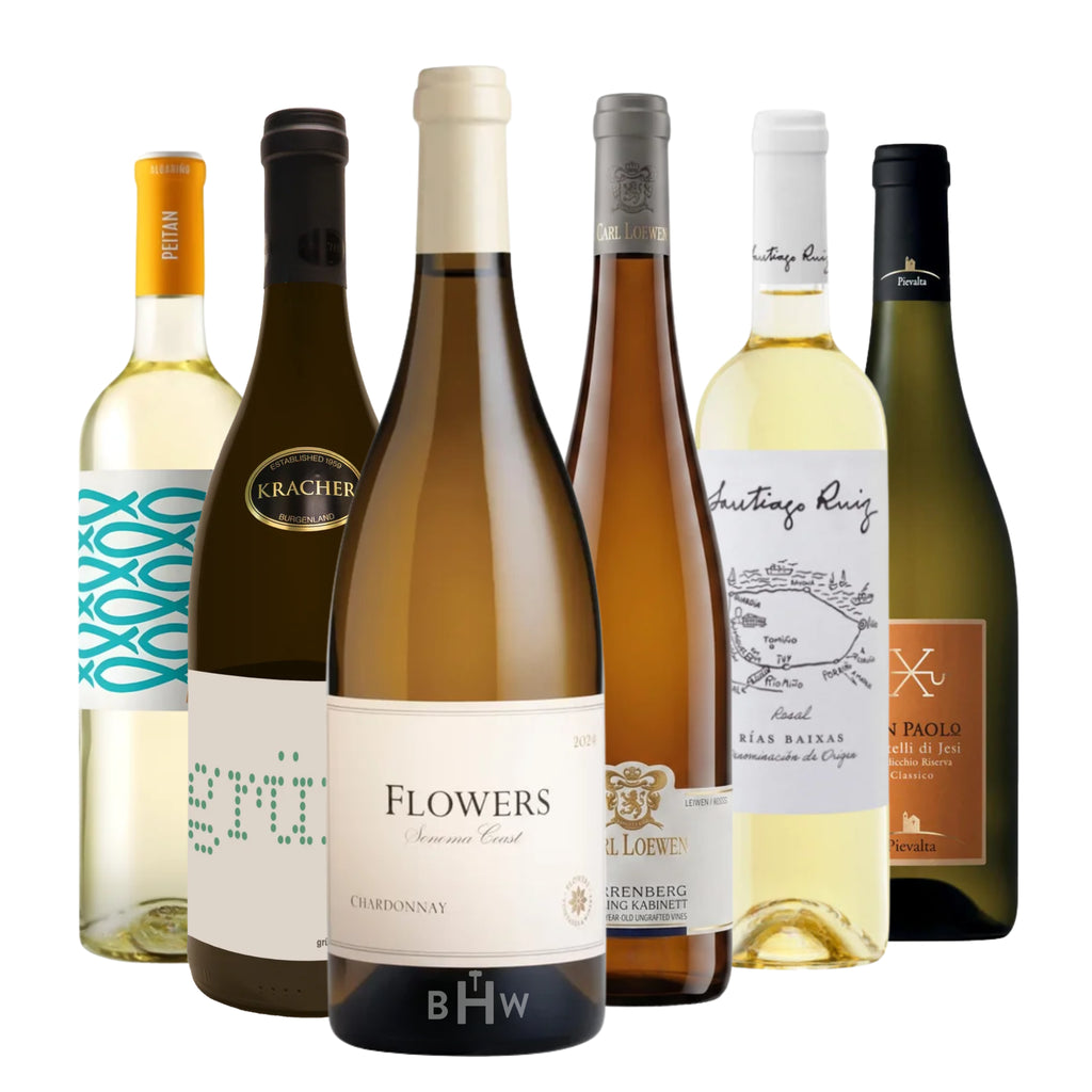 Sunshine Sippers: White Wines of the World 6-Pack Sampler featuring six 750ml bottles of white wine, curated by Big Hammer Wines.