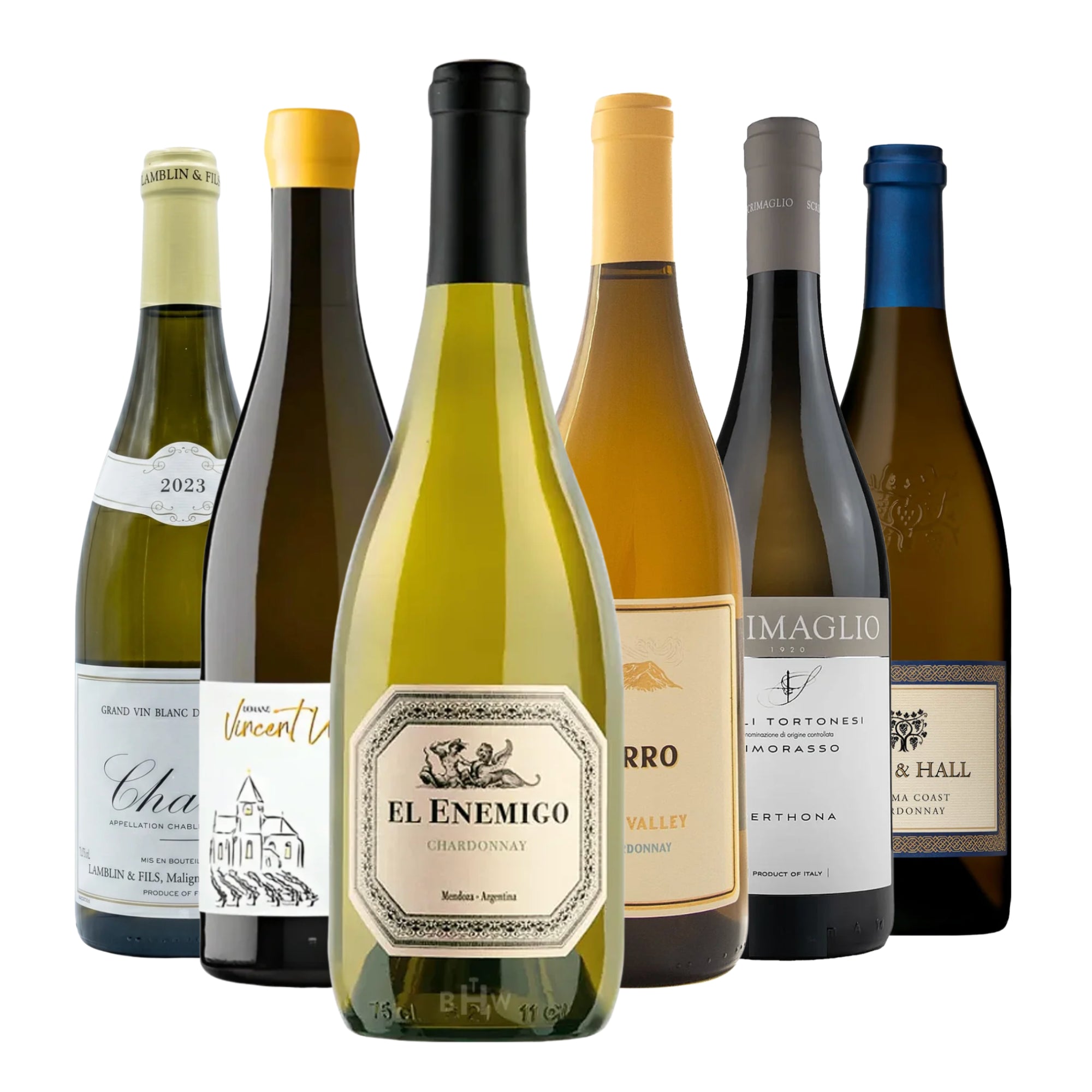 A 6-pack sampler of crisp white wines from around the globe. The collection includes a diverse selection of labels such as El Enemigo Chardonnay from Mendoza, Lamblin & Fils Chablis, Scrimaglio Derthona Timorasso, and a Sonoma Coast Chardonnay. The bottles feature a mix of elegant traditional and modern label designs, showcasing varietals from Argentina, France, Italy, and California. Curated by Big Hammer Wines.