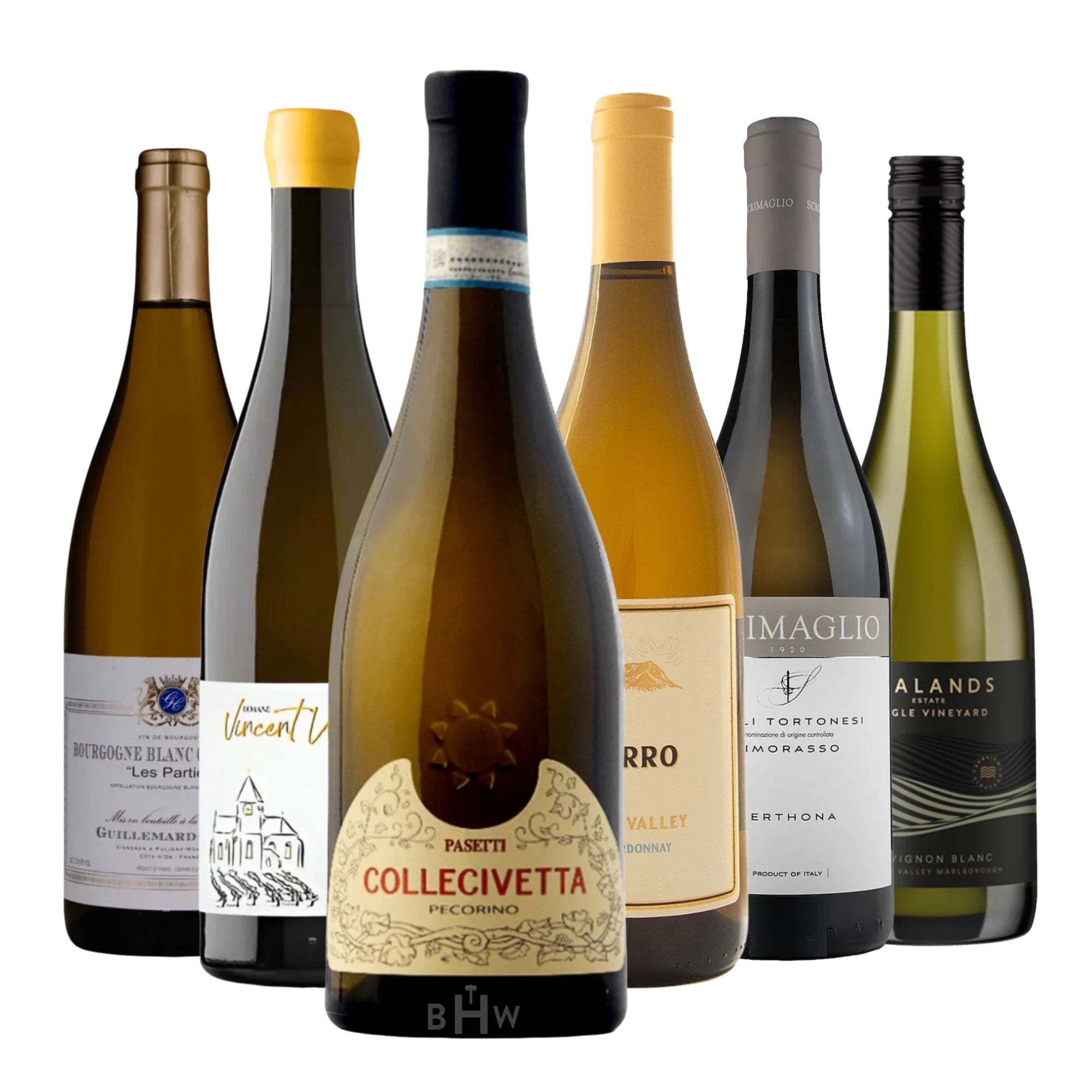 Sunshine Sippers White Wines of the World 6-Pack Sampler featuring international white wines including Chardonnay, Pecorino, Sauvignon Blanc, and Timorasso, 6x750ml