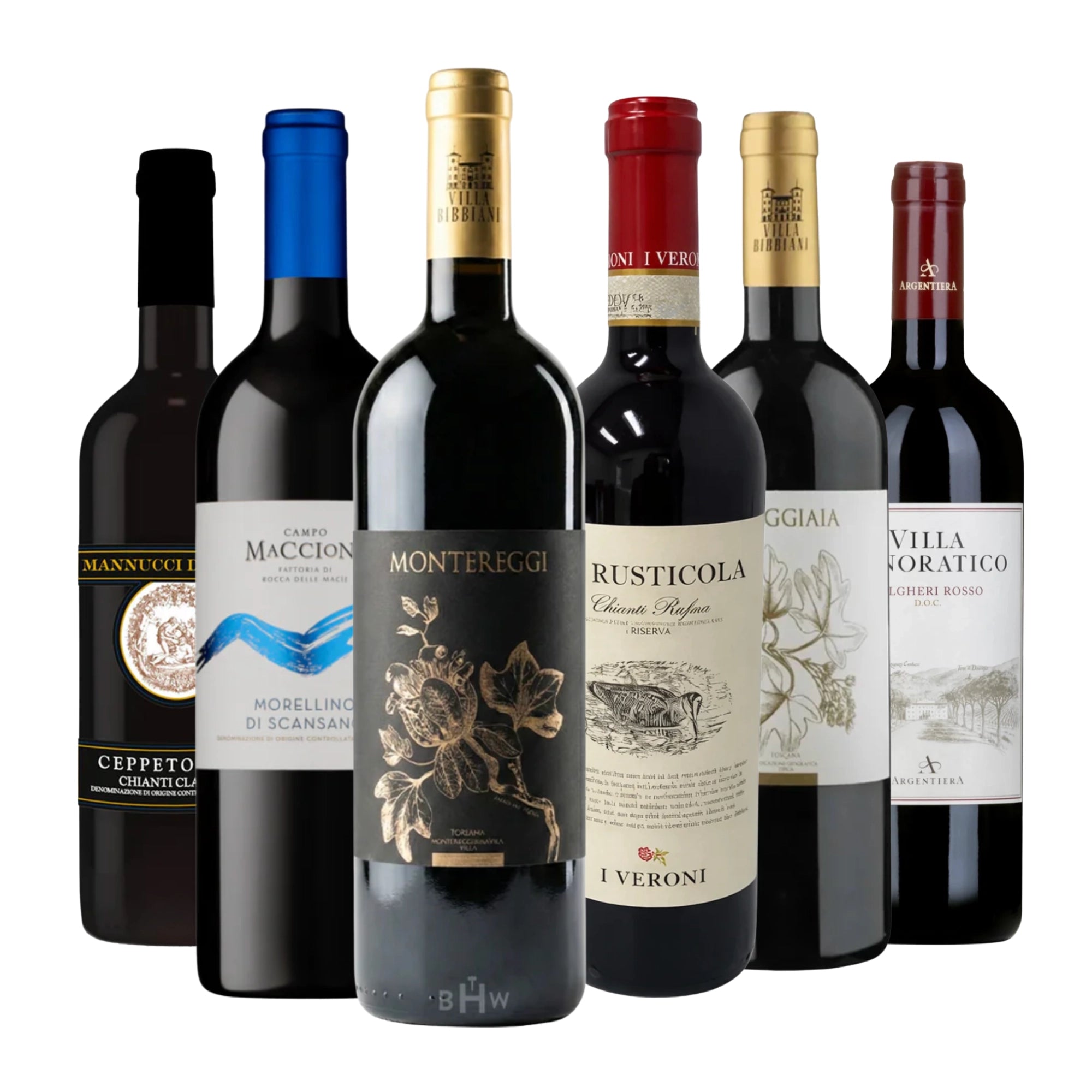 Tuscan Wine 6-Pack Sampler featuring Chianti, Morellino di Scansano, and Supertuscan red wines, 750ml bottles