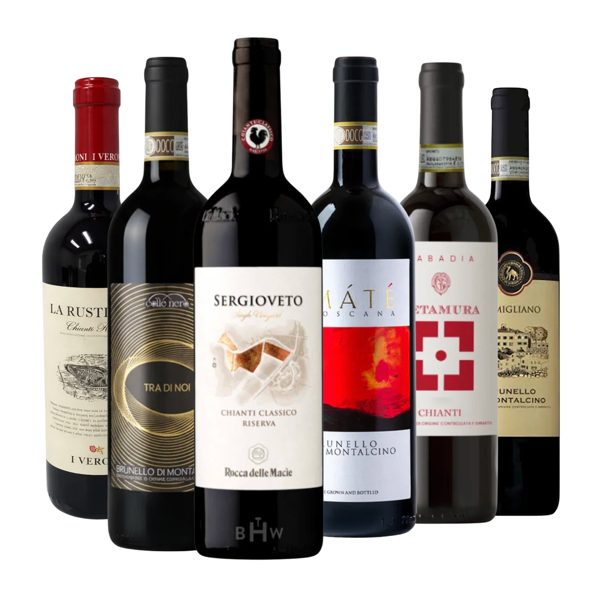 Product shot of the Take a Trip to Florence Tuscany 6pk Sampler, featuring six 750ml bottles of premium Tuscan red wines. The tiered arrangement includes a bottle of La Rustica Chianti Riserva, Collemattoni "Tra Di Noi" Brunello di Montalcino, Rocca delle Macìe "Sergioveto" Chianti Classico Riserva, Máté Brunello di Montalcino with its bold red label, Badia a Coltibuono Cetamura Chianti, and Mocali Brunello di Montalcino, all curated by Big Hammer Wines.