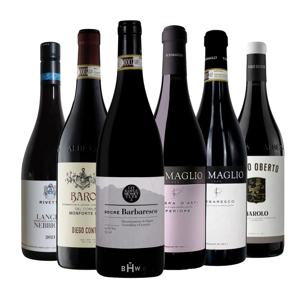A collection of six exceptional Italian red wine bottles showcasing prestigious Piedmontese selections including Barolo, Barbaresco, Nebbiolo, and Barbera d'Asti. Curated by Big Hammer Wines.