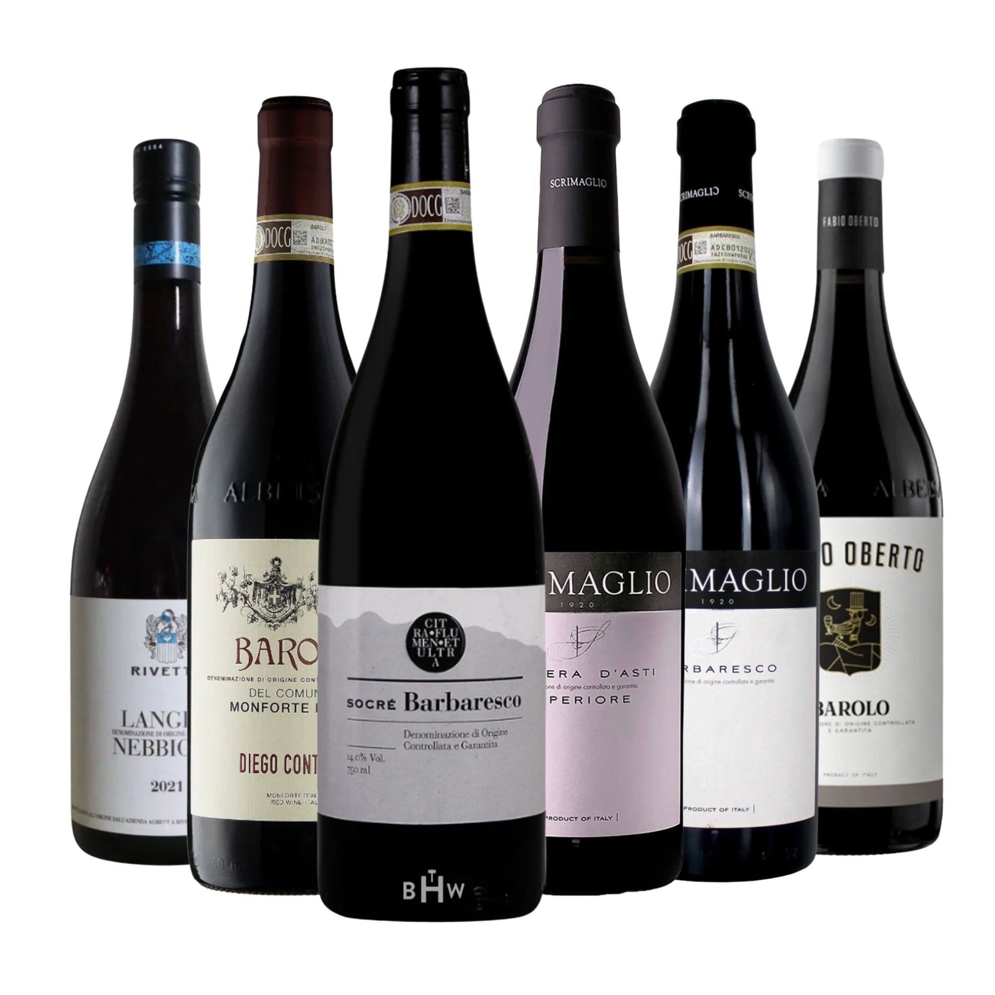 A collection of six exceptional Italian red wine bottles showcasing prestigious Piedmontese selections including Barolo, Barbaresco, Nebbiolo, and Barbera d'Asti. Curated by Big Hammer Wines.