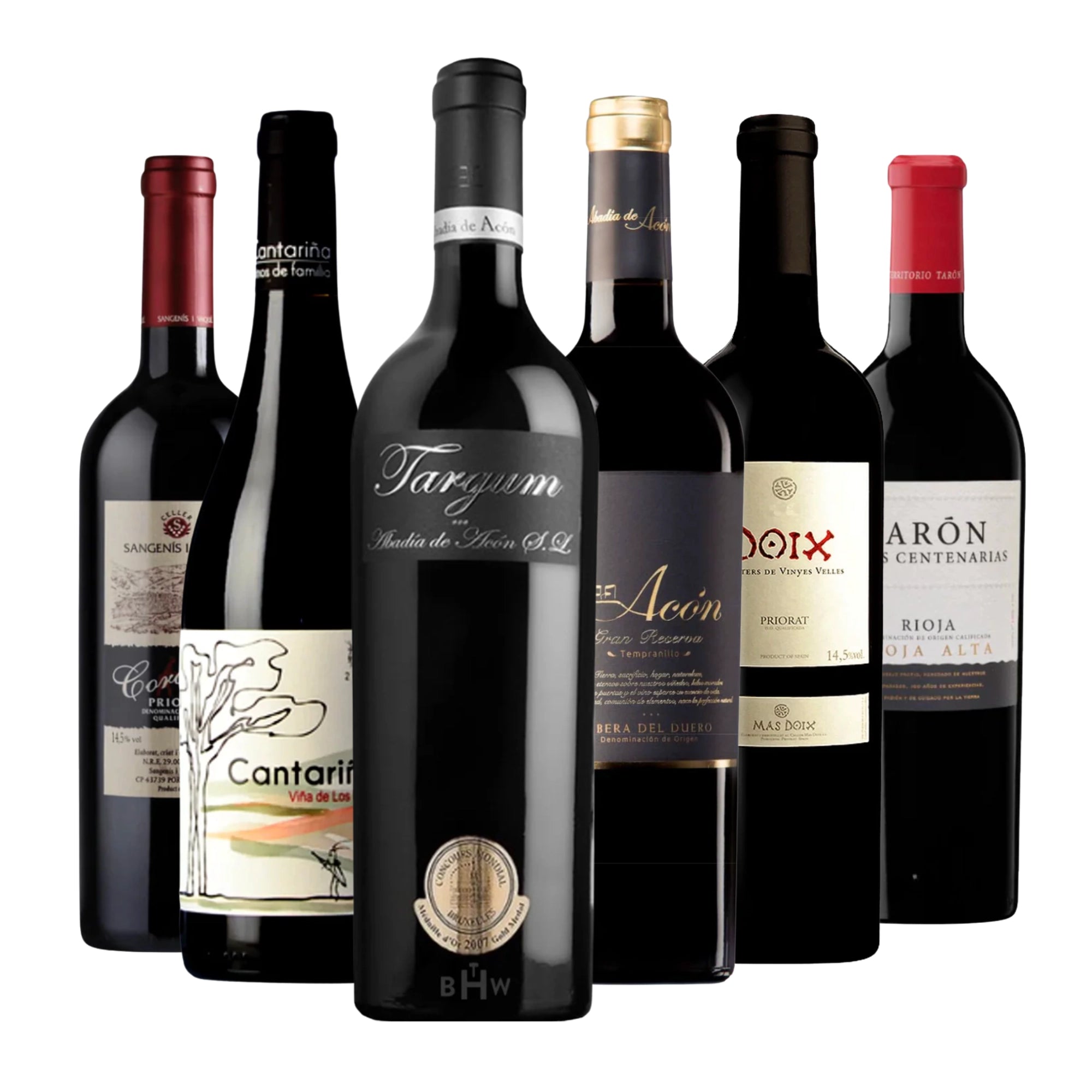 Taste the Best of Spain 6-Pack Sampler with wines from Rioja Alta, Priorat, Ribera del Duero, including Targum, Cantarina, Doix, and more, showcasing Spain’s elite wine regions