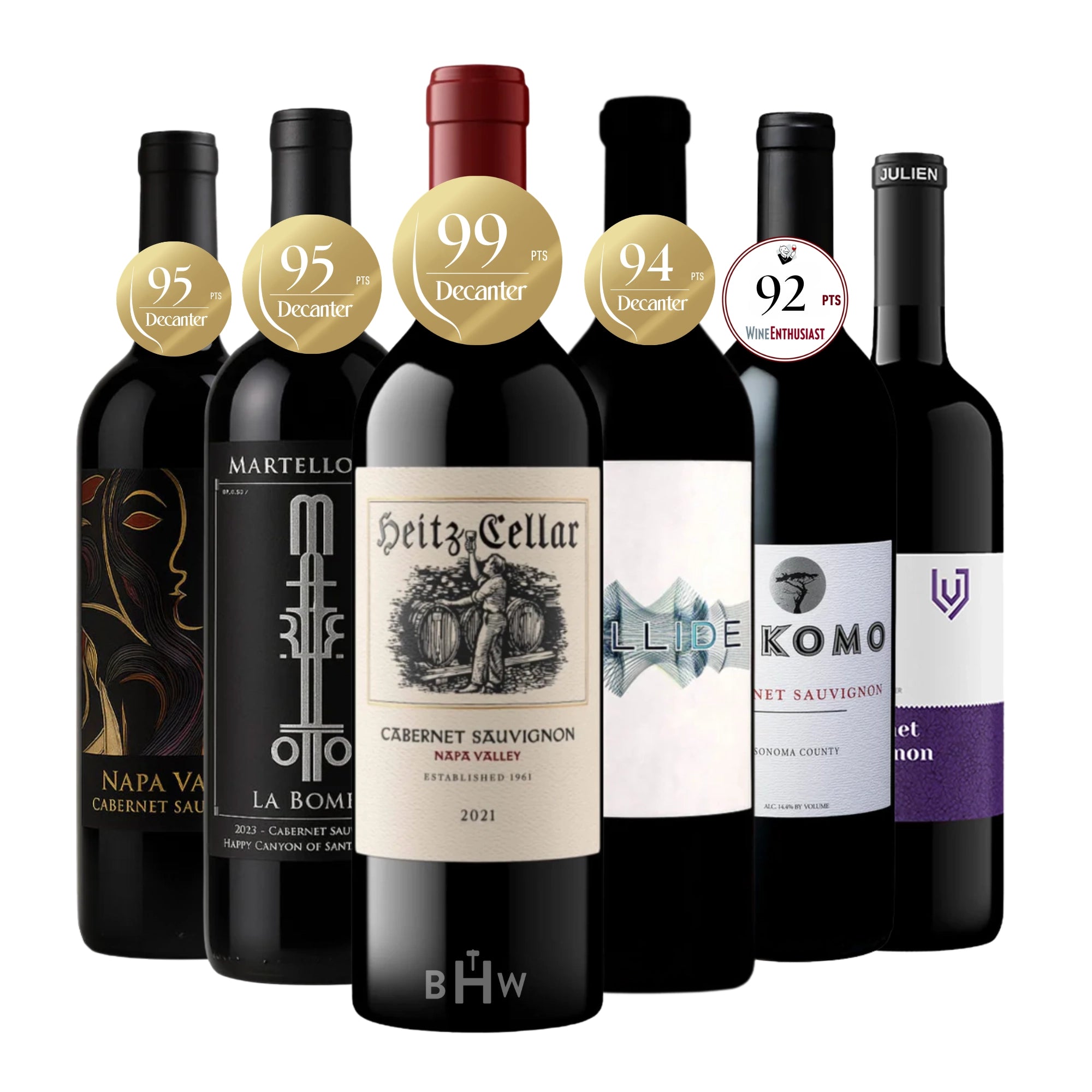 A 6-bottle sampler set of premium American Cabernet Sauvignon wines with top critical score badges, curated by Big Hammer Wines.