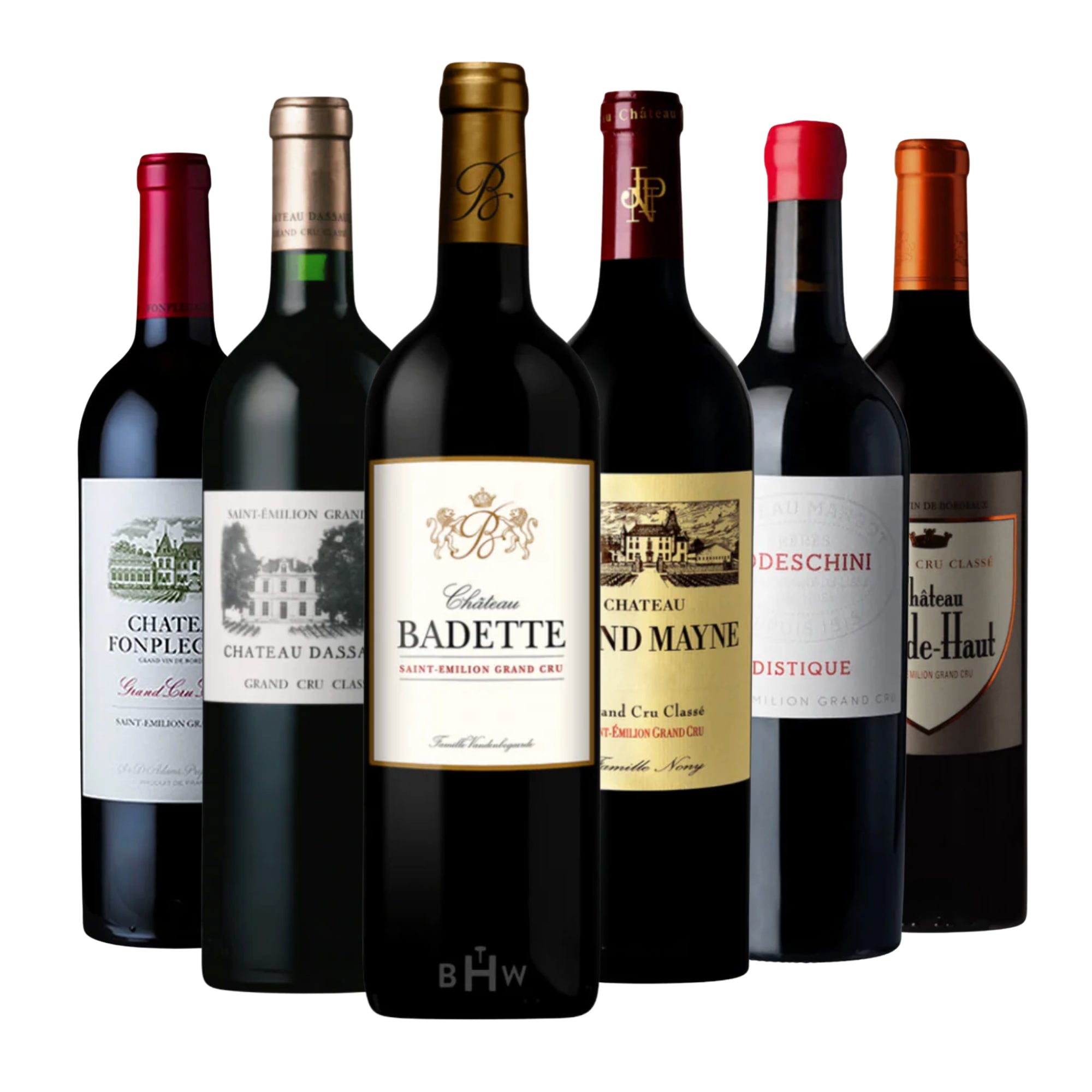 A collection of six exceptional red wine bottles from the prestigious Saint-Émilion Grand Cru appellation in Bordeaux, France. Curated by Big Hammer Wines.